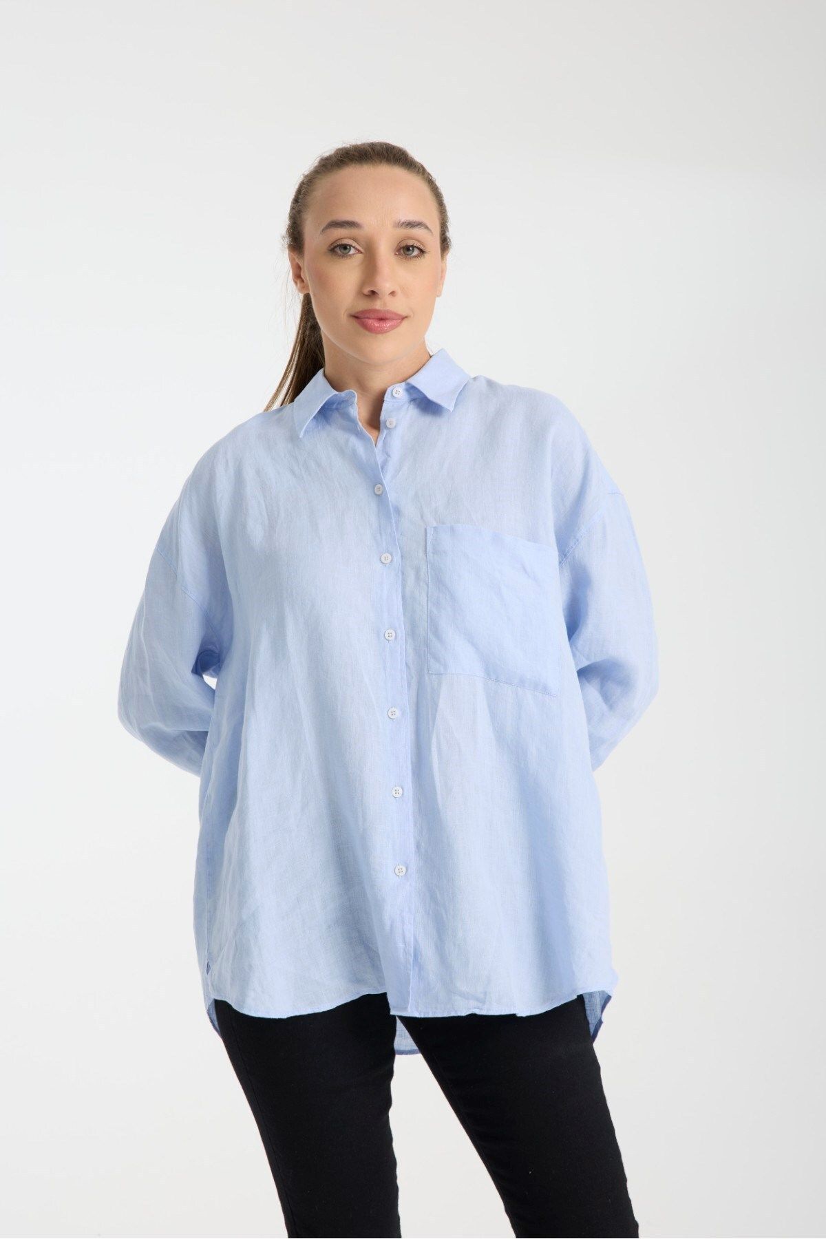 G-FOX Kadın %100 Keten Oversize Rahat Kesim Uzun Kollu Gömlek – Doğal, Nefes Alabilir, Şık Tasarım 2001