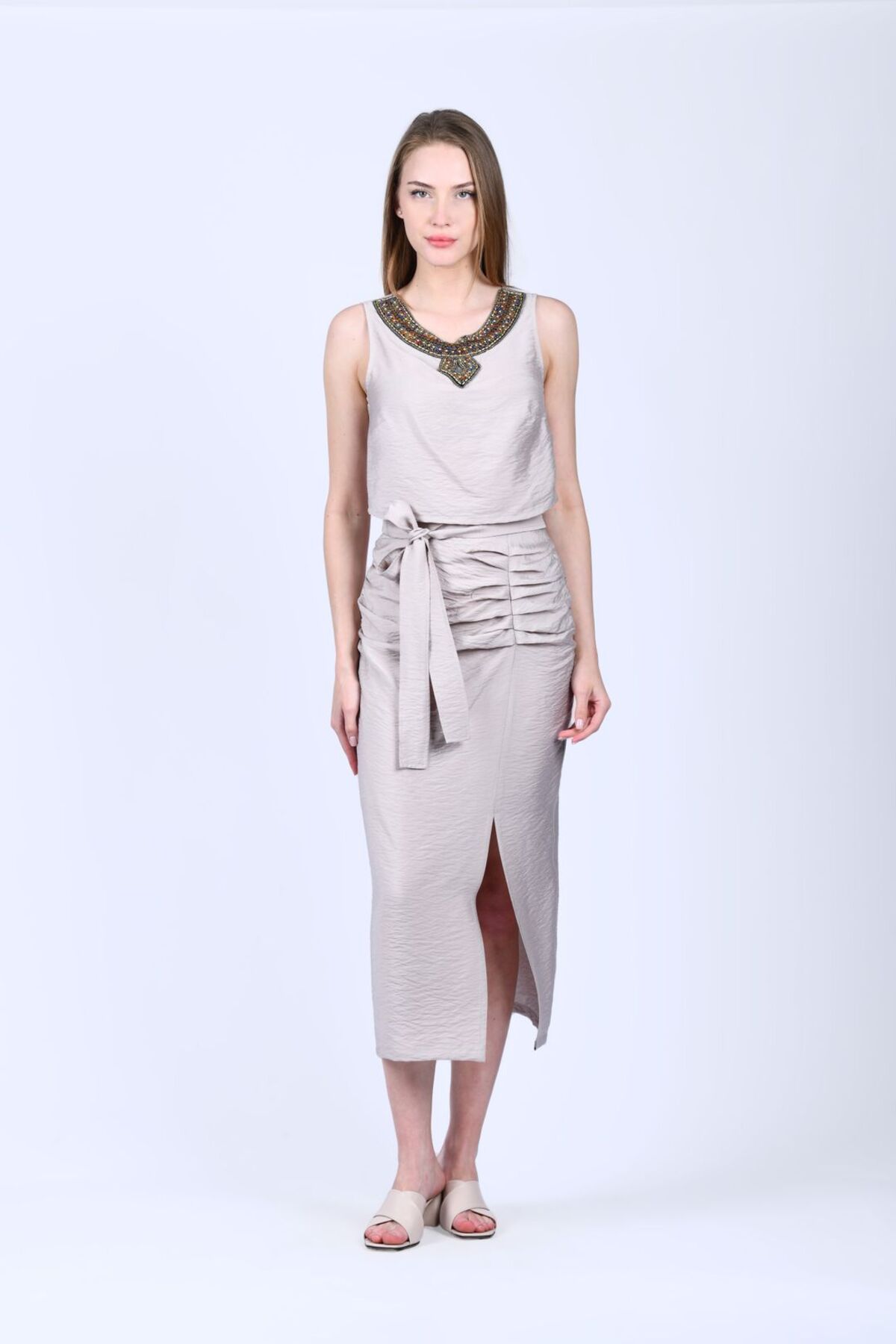la luce Taş Yakası Nakışlı Crop Bluz - QB186