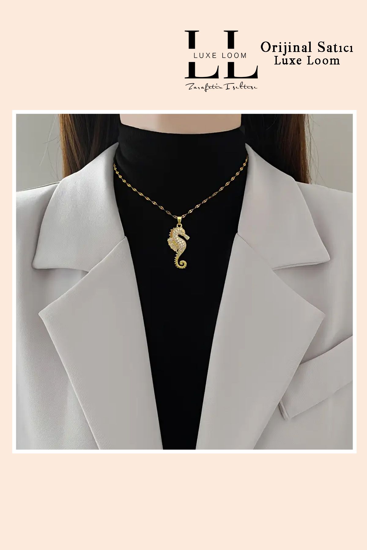 Luxe Loom Zarafetin Işıltısı Kadın Kararmayan Çelik Gold Zirkon Taşlı Şık Deniz Atı Kolye 001