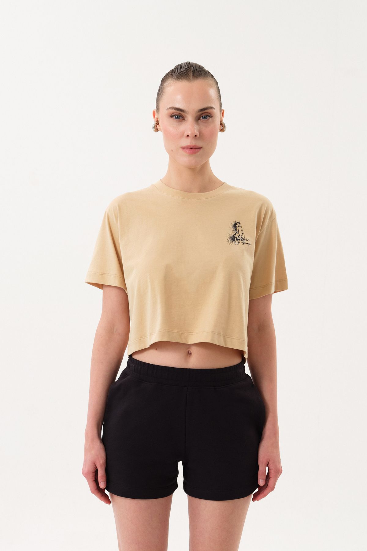 SPORTEMPT Kadın Crop Baskılı Bisiklet Yaka T-Shirt