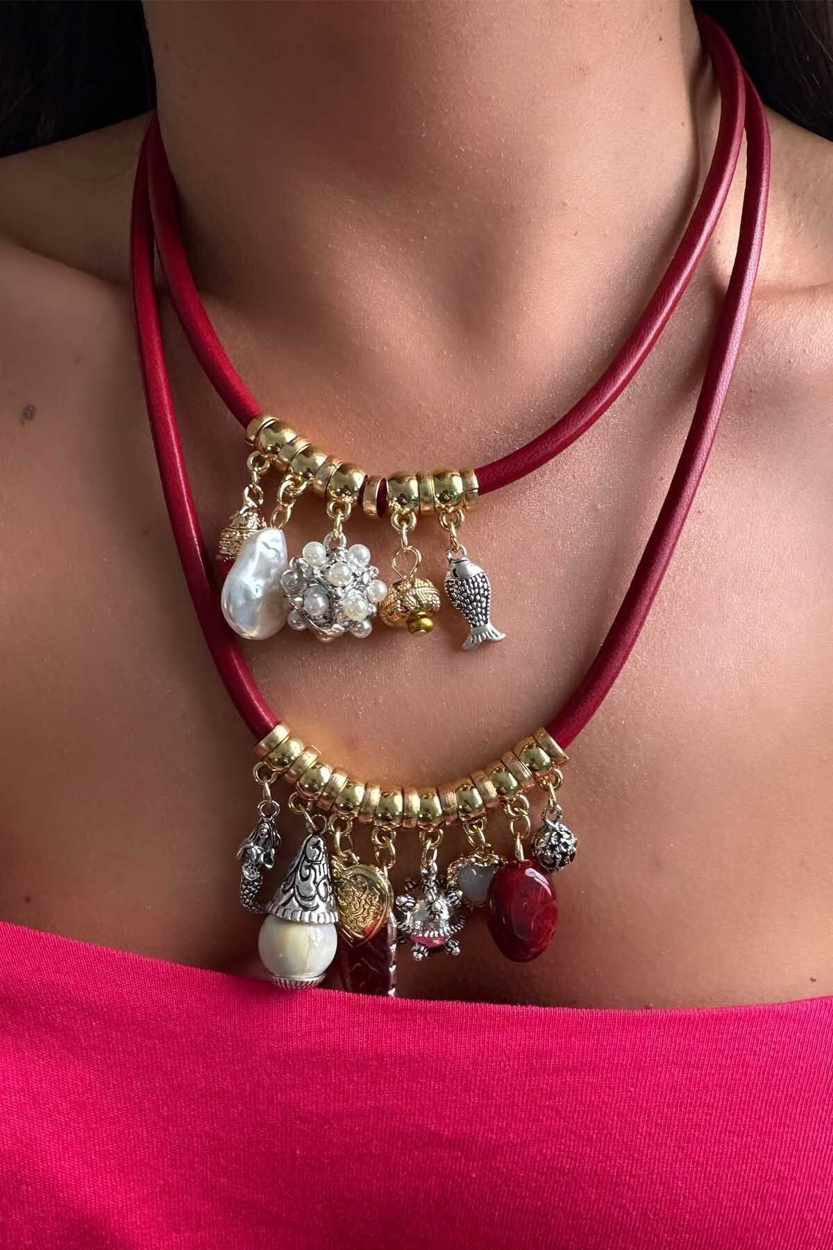 BYP Atelier 2'Li Charm Uçlu Kordon Kolye Bordo