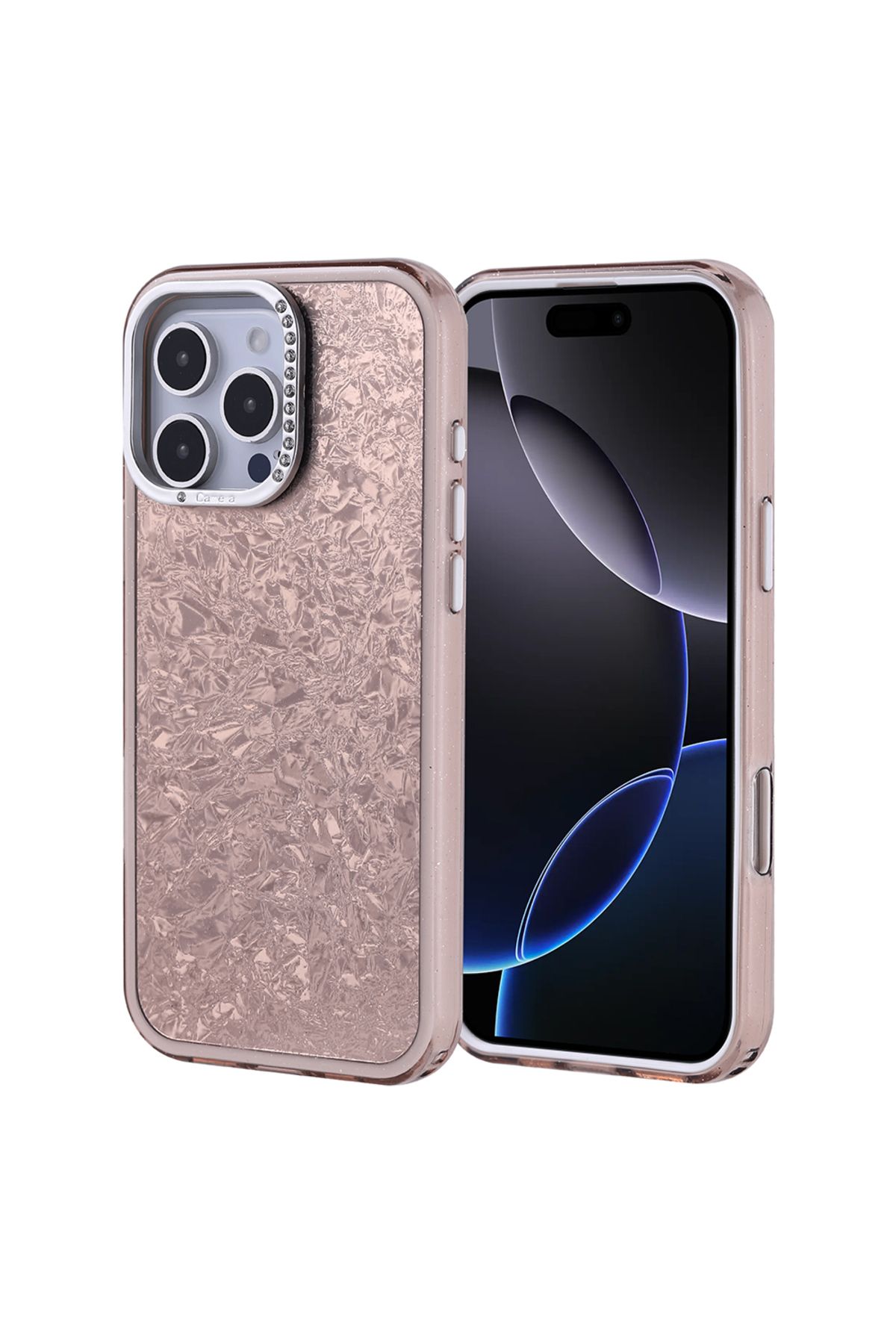 Strap U Apple iPhone 16 Pro Max Kırık Cam Efektli Işıltılı Kılıf Kamera Koruması Taşlı Tasarım Kapi Kapak