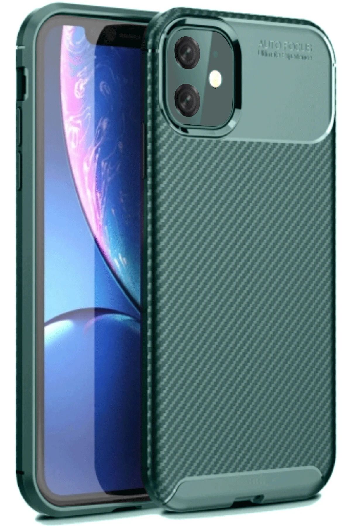 NewFace iPhone 11 Kılıf Auto Focus Karbon Kapak - Koyu Yeşil LZWDR