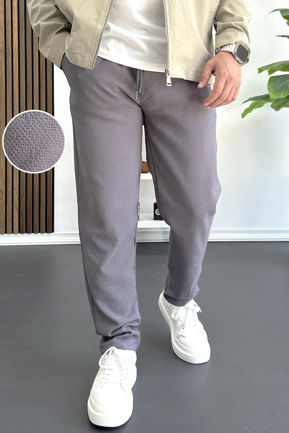 Edwox Erkek Beli Lastikli Gofre Kumaş Jogger Pantolon Füme Edw358