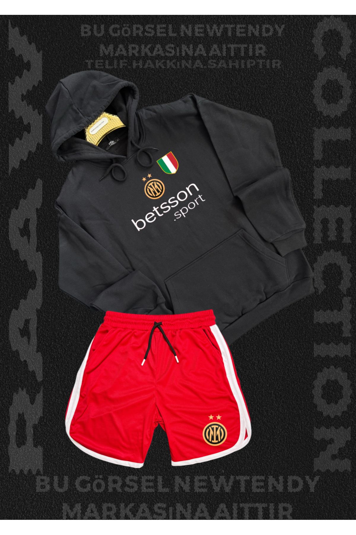 Minikelya Inter Milano Logolu Kapüşonlu Sweatshirt ve Şort Takımı Taraftar Spor Giyim Seti 2li kombin