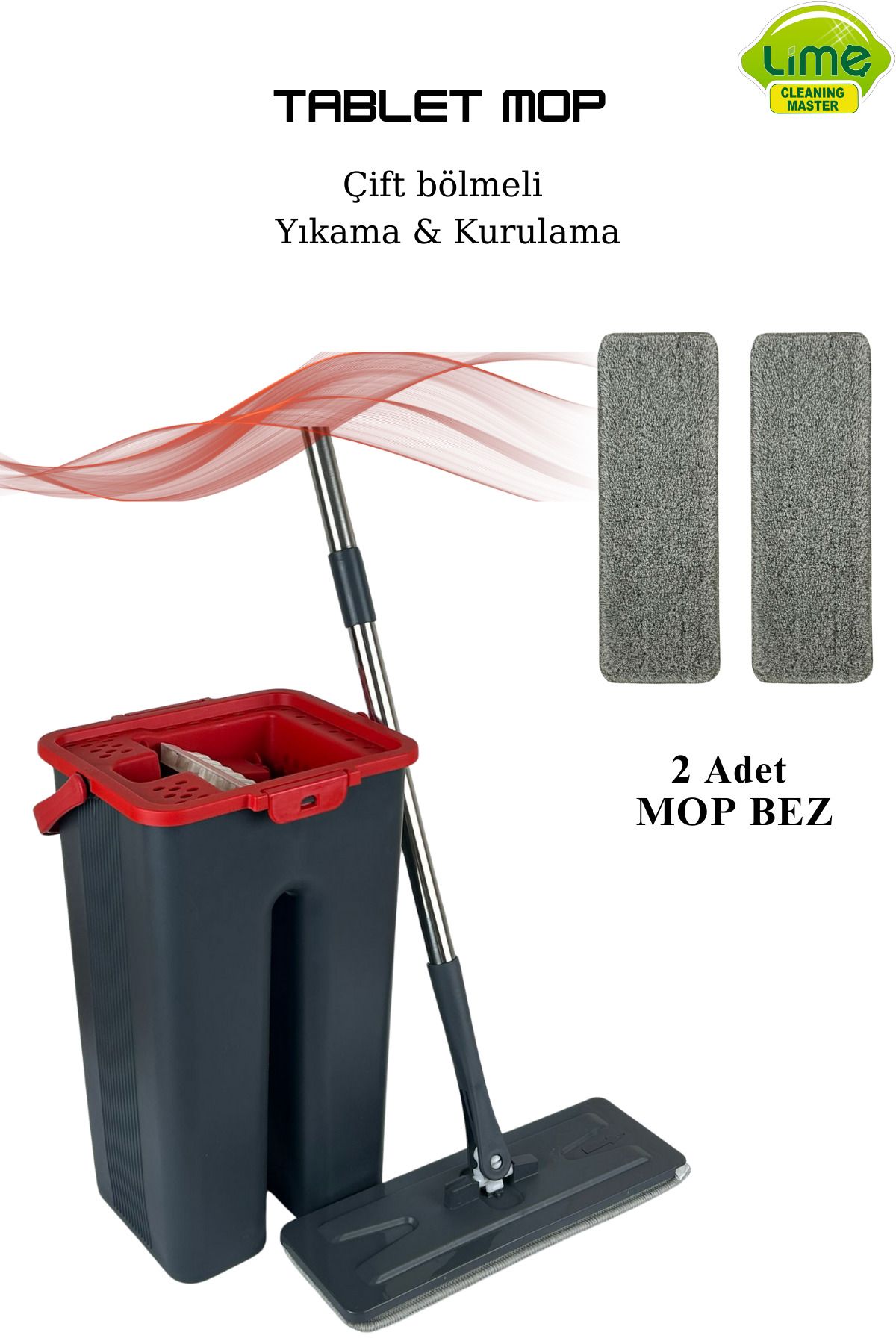 Lime Tablet(Flat) Mop Temizlik Seti - Temiz Su & Kirli Su Ayırma - 2 Mop Bezli - Üretici Garantili