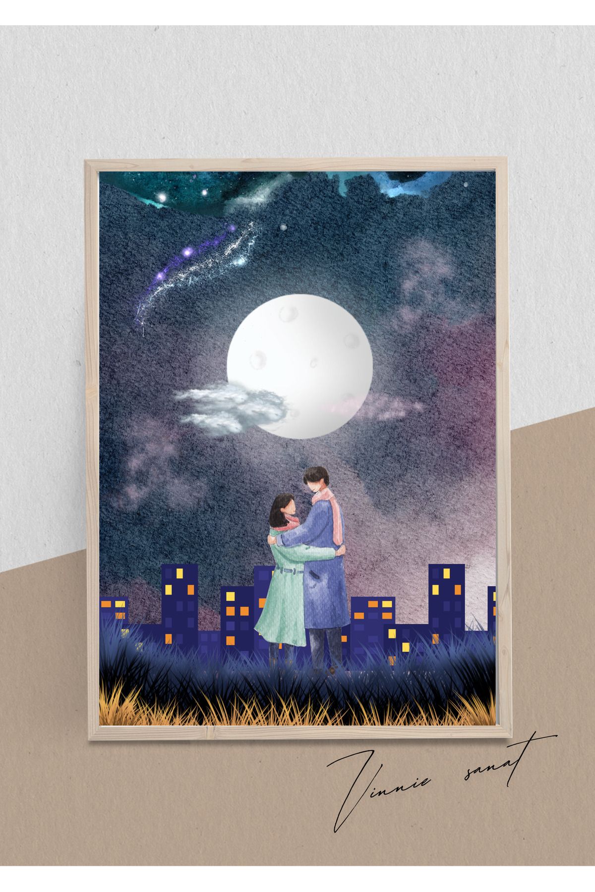 vinnie sanat Romantik Çift Çerçeveli Ahşap Tablo