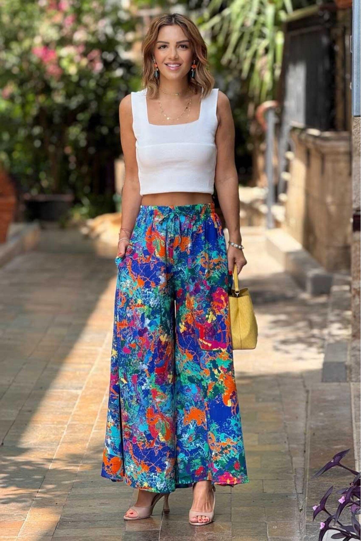 Nevin Kaya Moda İTALYAN Mavi Boya Desenli %100 Pamuk Viskon Pantolon