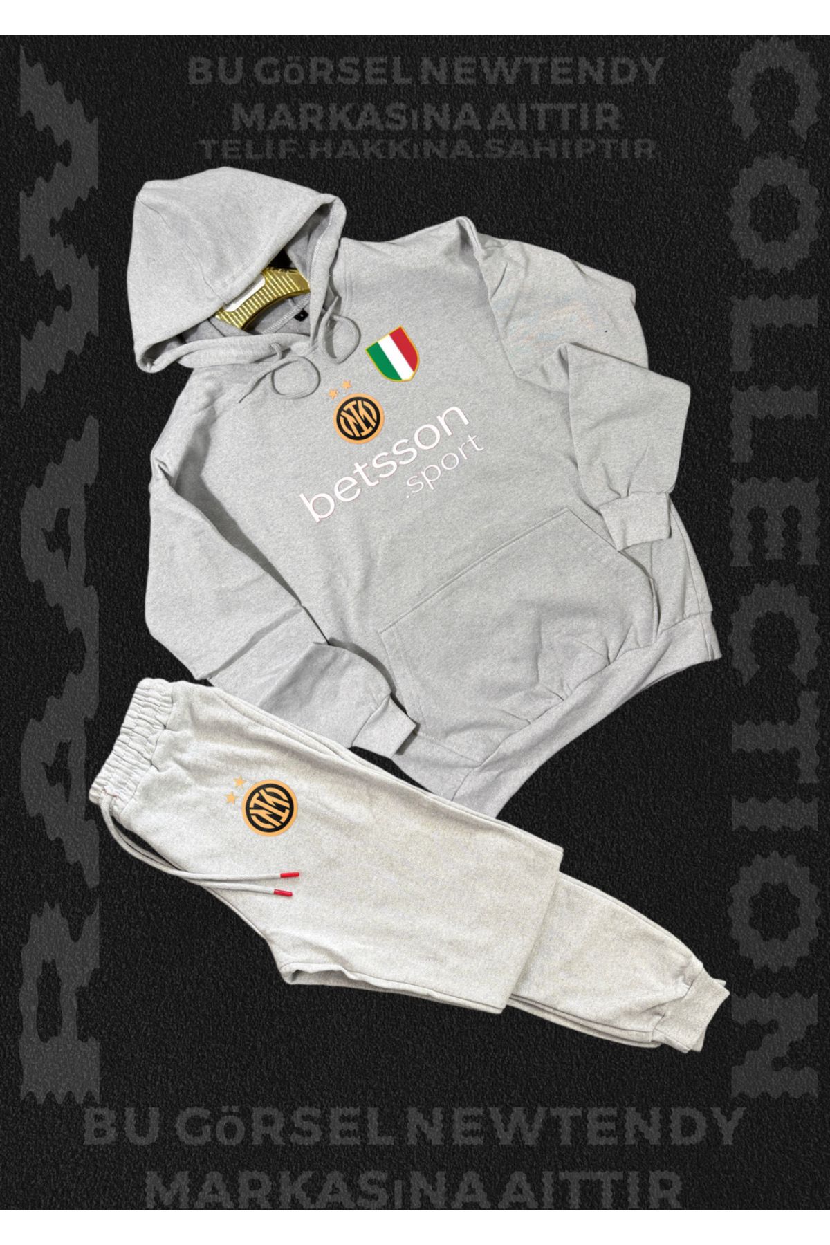 Minikelya Inter Logolu Kapüşonlu Sweatshirt ve eşofman alt Takımı Erkek Taraftar Spor Giyim Seti 2li kombin
