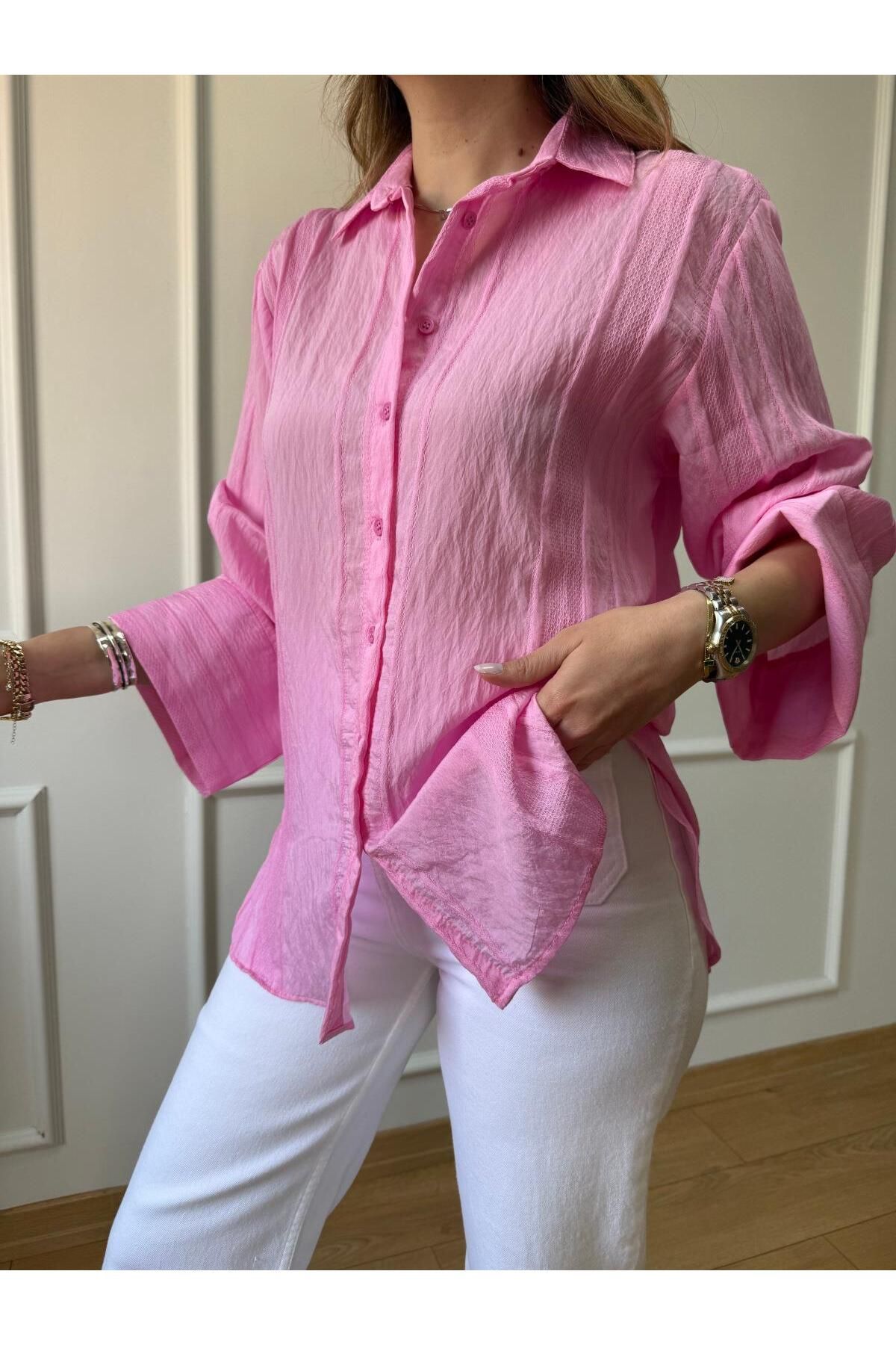 Size Özgü Pembe Kimono Kol Gömlek