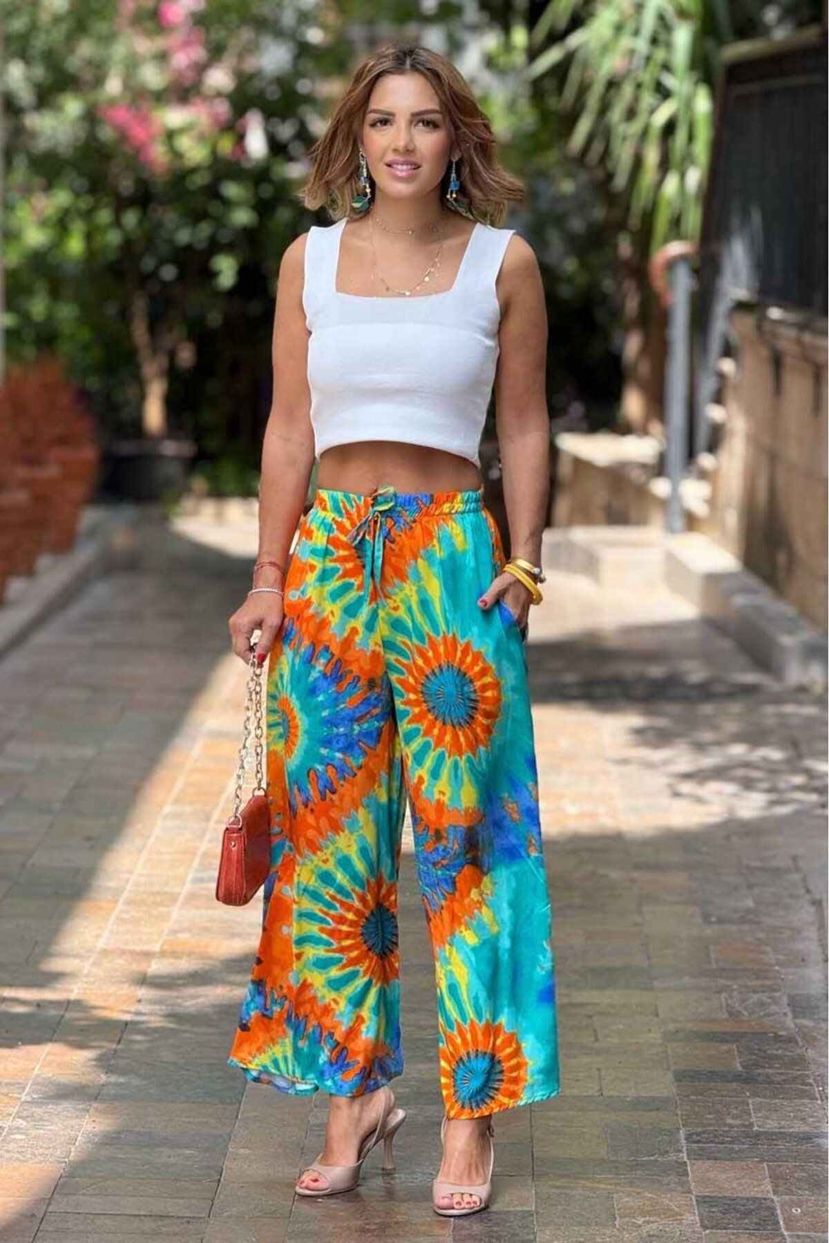 Nevin Kaya Moda İTALYAN Turkuaz Etnik Desenli %100 Pamuk Viskon Pantolon