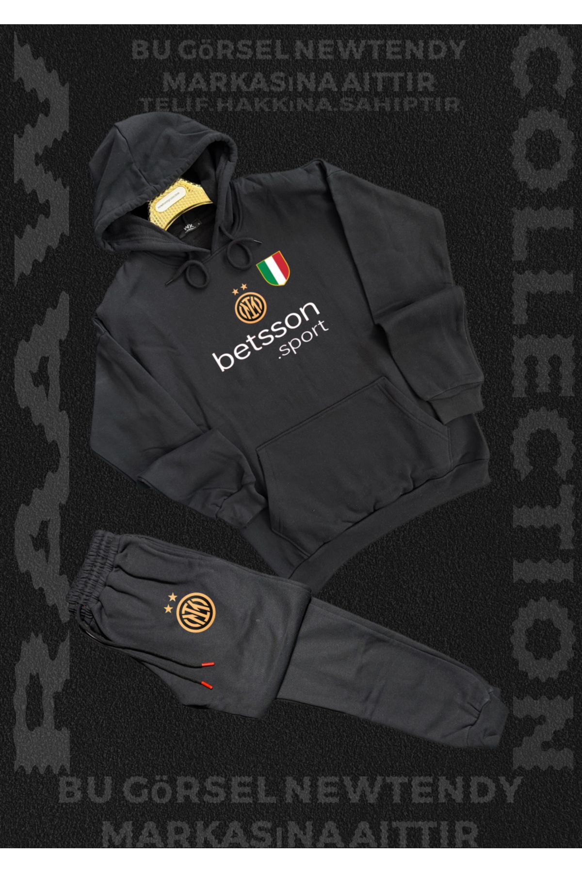 Minikelya Inter Logolu Kapüşonlu Sweatshirt ve eşofman alt Takımı Erkek Taraftar Spor Giyim Seti 2li kombin