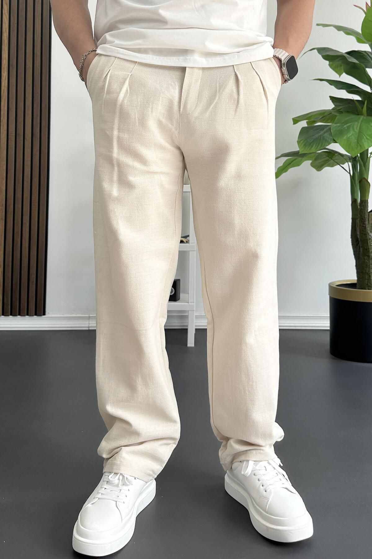 Edwox Erkek Beli Düğmeli Baggy Kalıp Pileli Pantolon Krem Edw357
