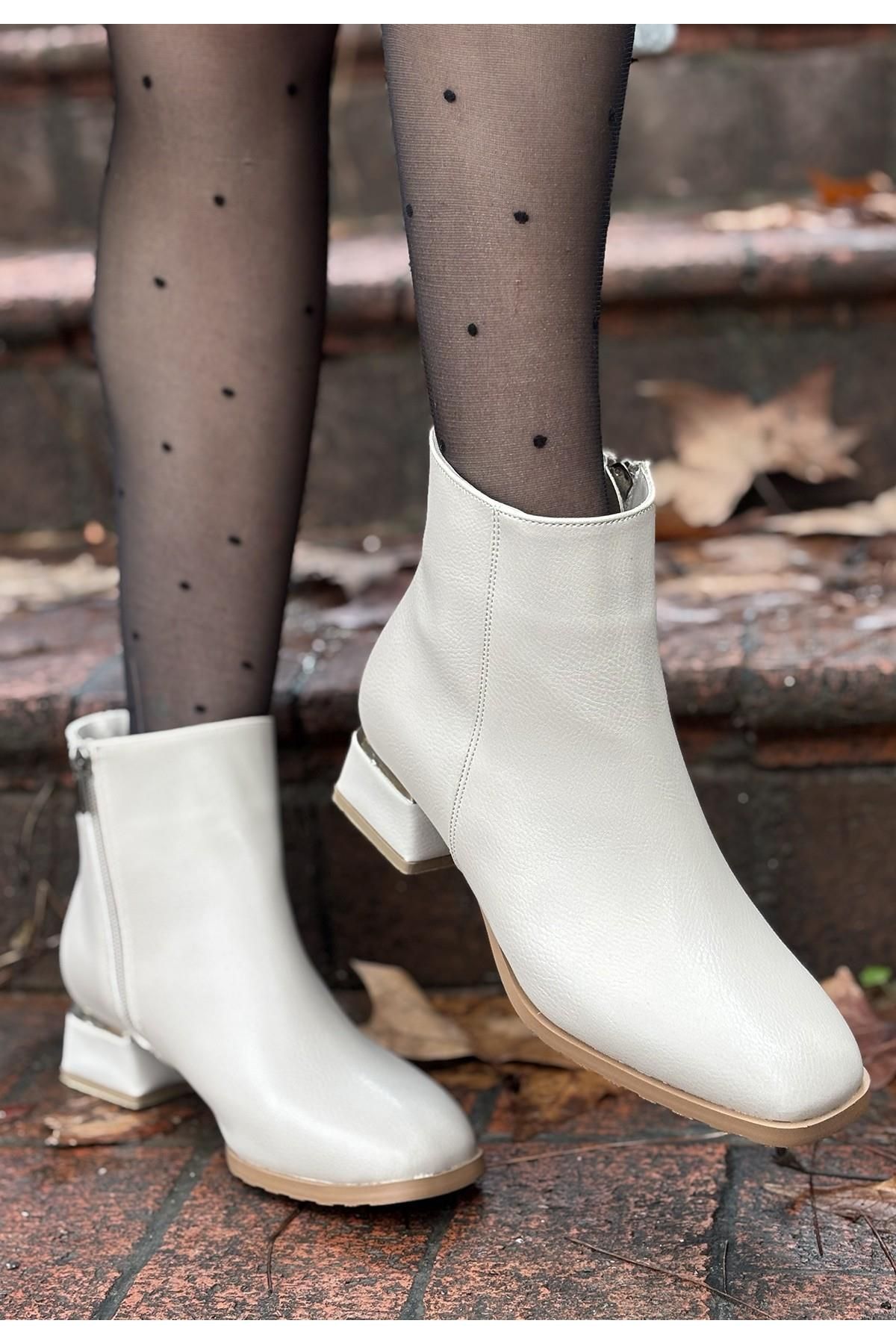 Nil Shoes Tonti Bej Cilt Topuklu Bot