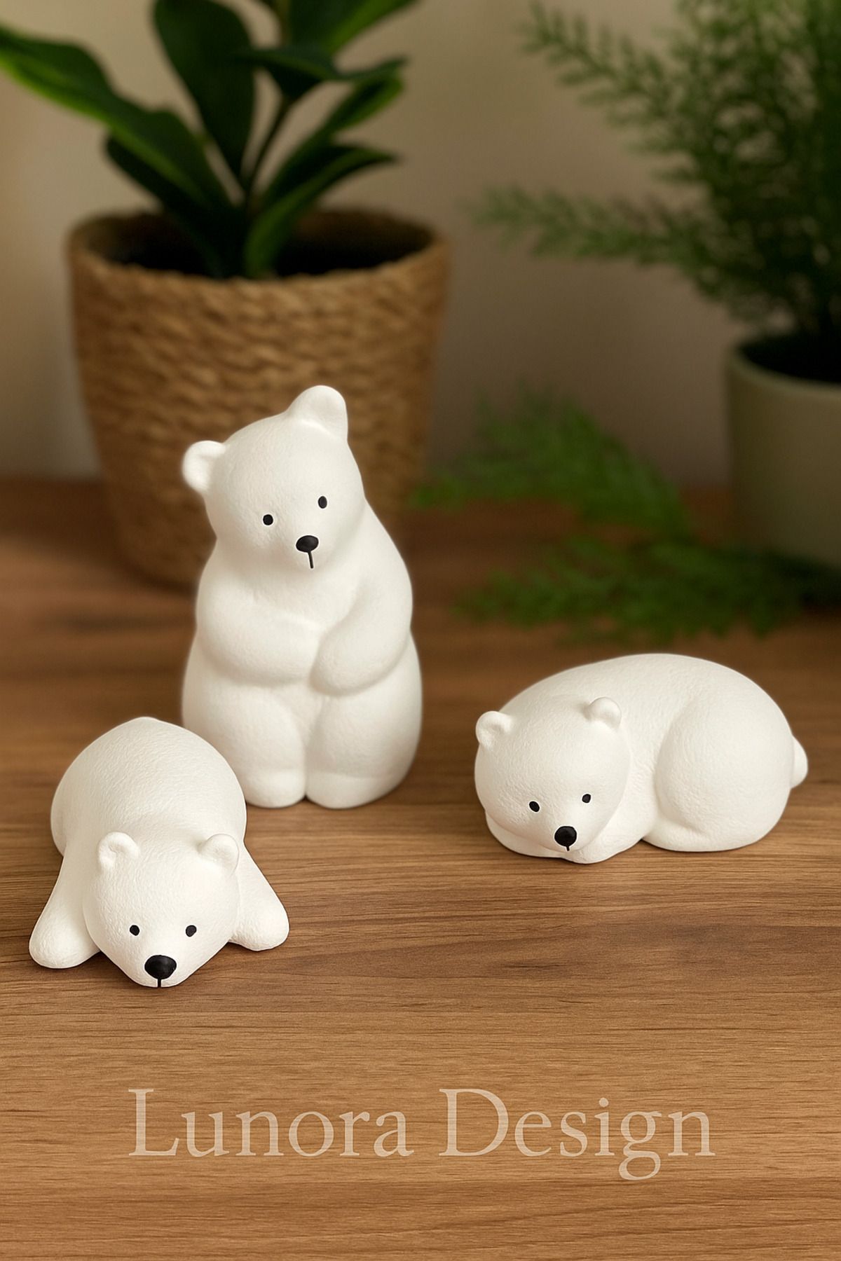 Lunora Design 3’lü Beyaz Ayı Figür Seti – Dekoratif Mini Biblo Takımı