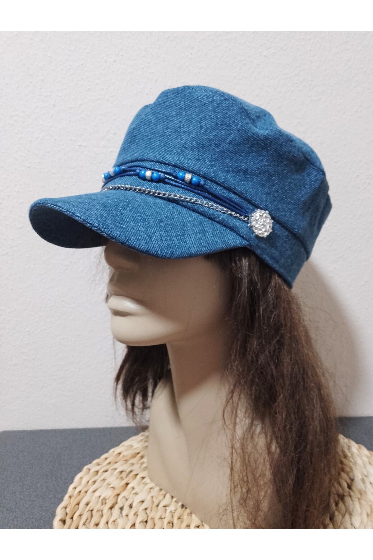 EMİNSHOP Kadın kot denim kaptan şapkası köyü mavi