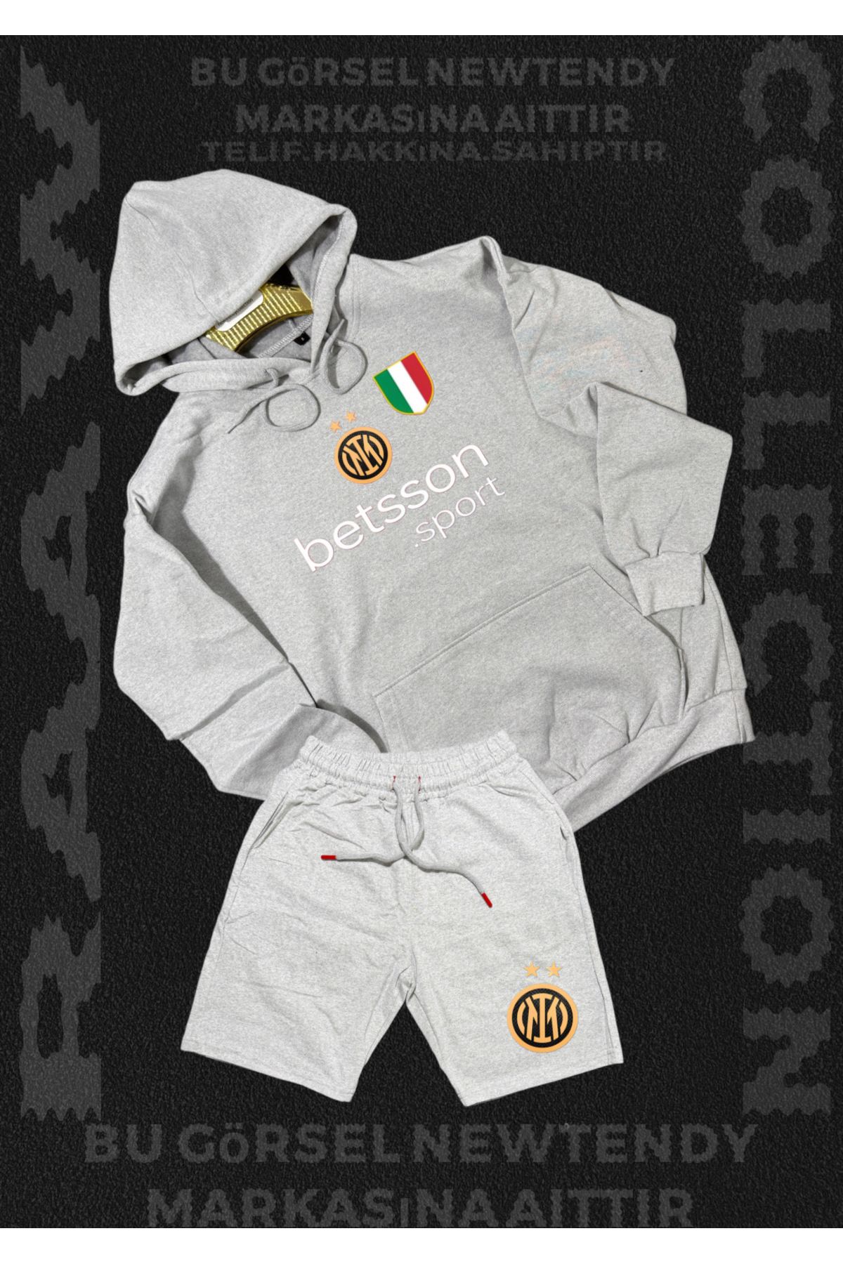 Minikelya Inter Logolu Kapüşonlu Sweatshirt ve Açık Şort Takımı Erkek Taraftar Spor Giyim Seti 2li kombin