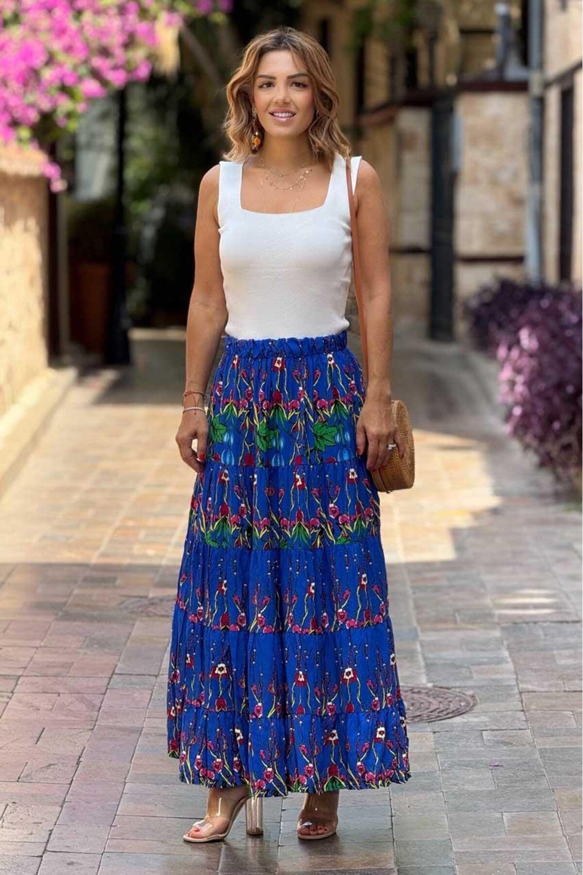 Nevin Kaya Moda Mavi Bahar Dalı Desenli %100 Pamuk Viskon Etek