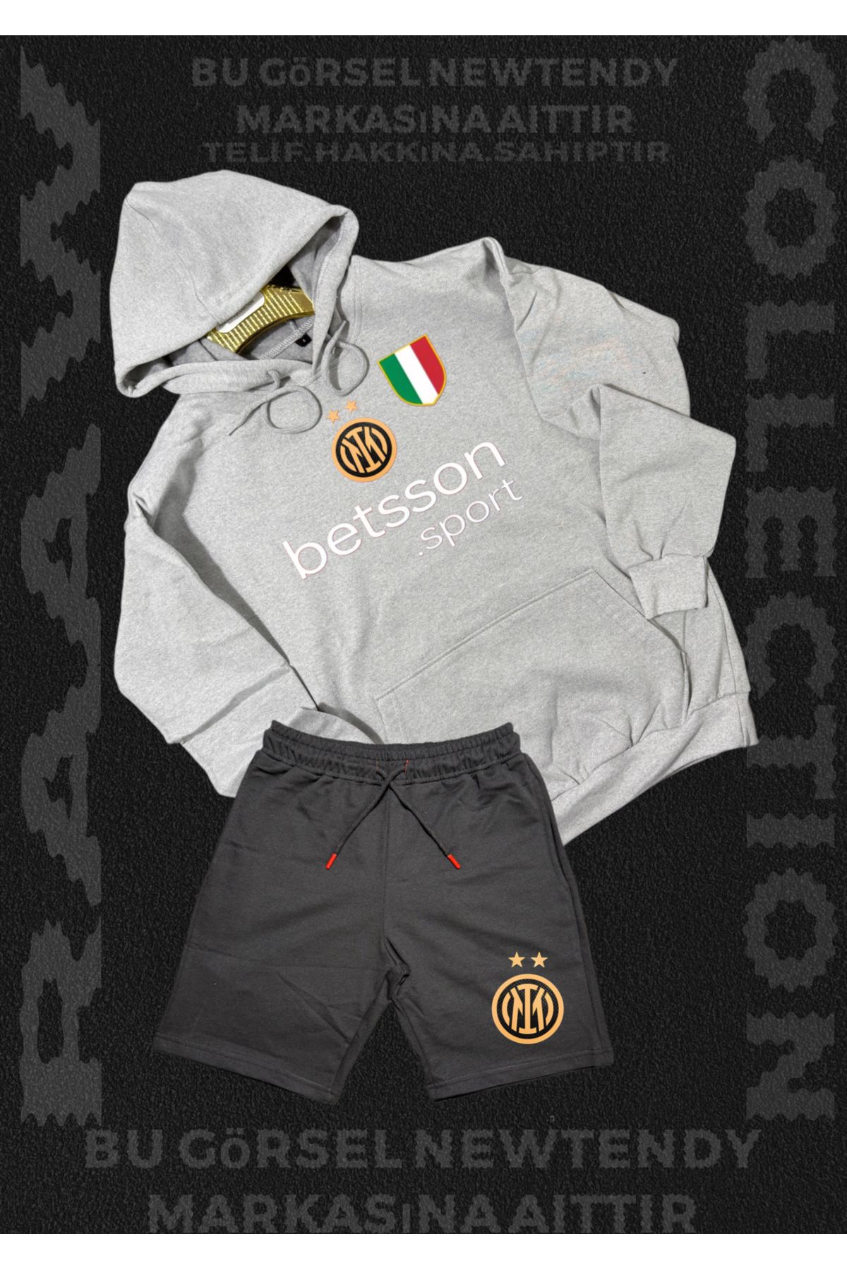 Minikelya Inter Logolu Kapüşonlu Sweatshirt ve Açık Şort Takımı Erkek Taraftar Spor Giyim Seti 2li kombin