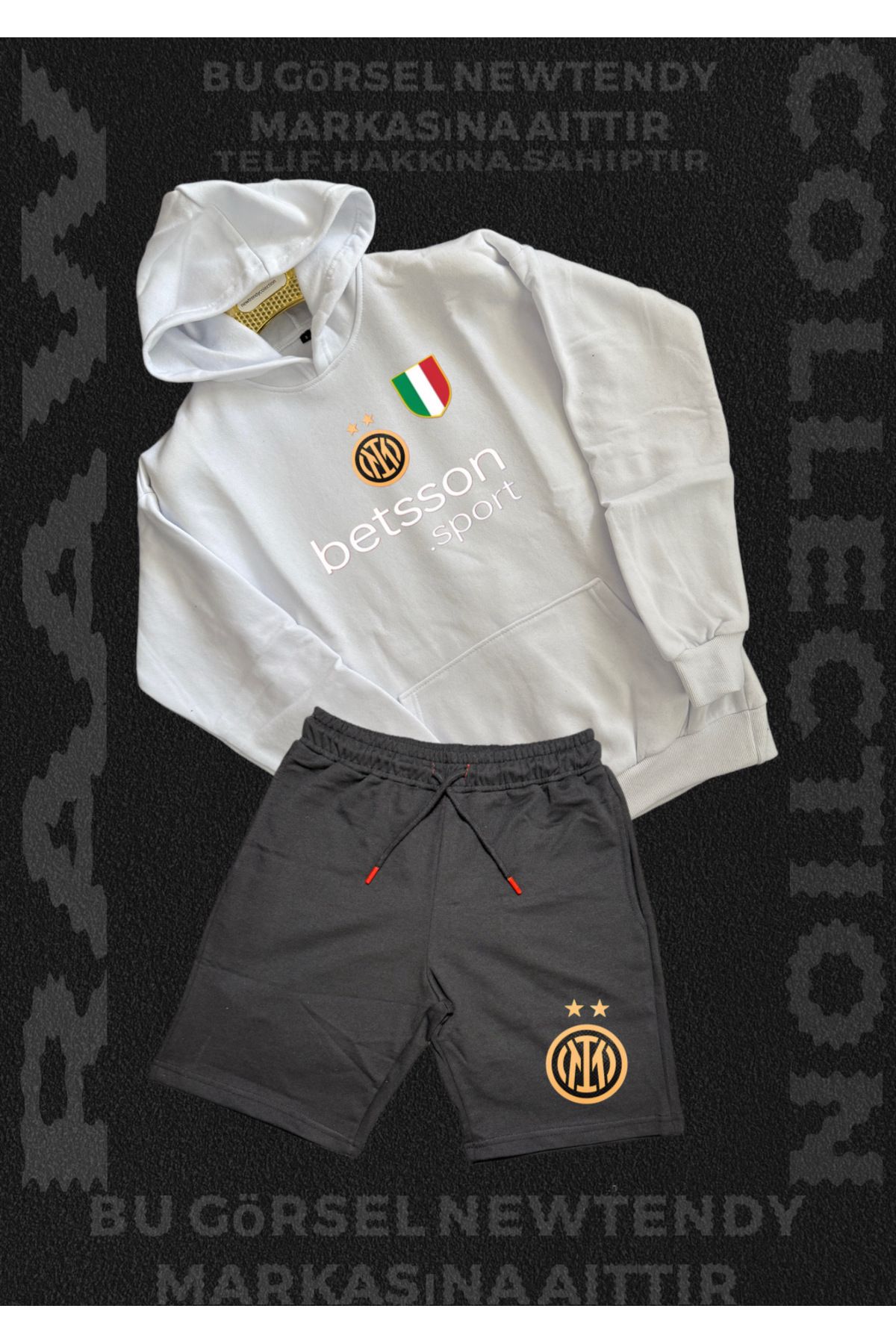 Minikelya Inter Logolu Kapüşonlu Sweatshirt ve Açık Şort Takımı Erkek Taraftar Spor Giyim Seti 2li kombin