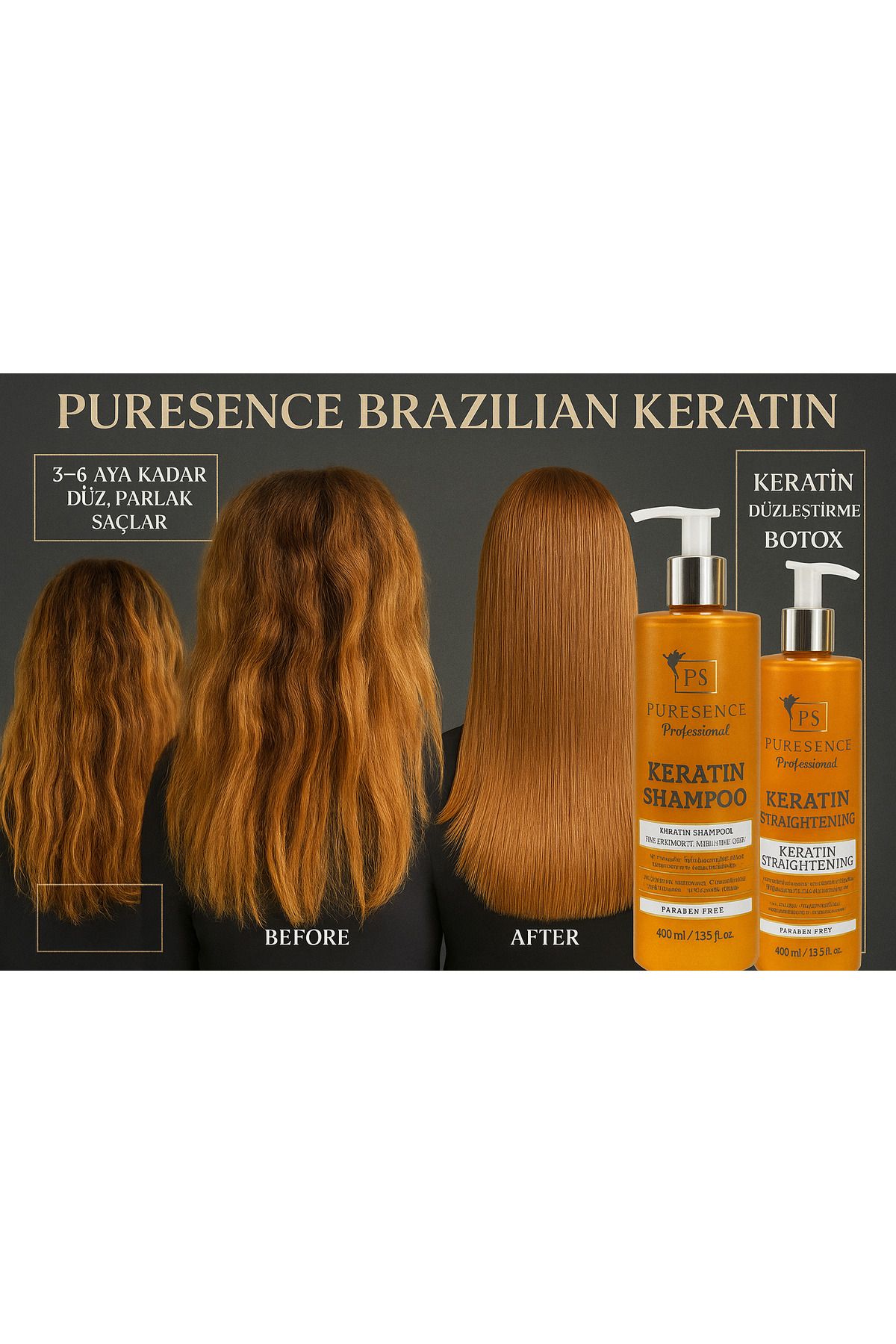 PURESENCE 400ml Brezilya Keratin Düzleştirici Botox ve 400 ML Tuzsuz Şampuan Seti –