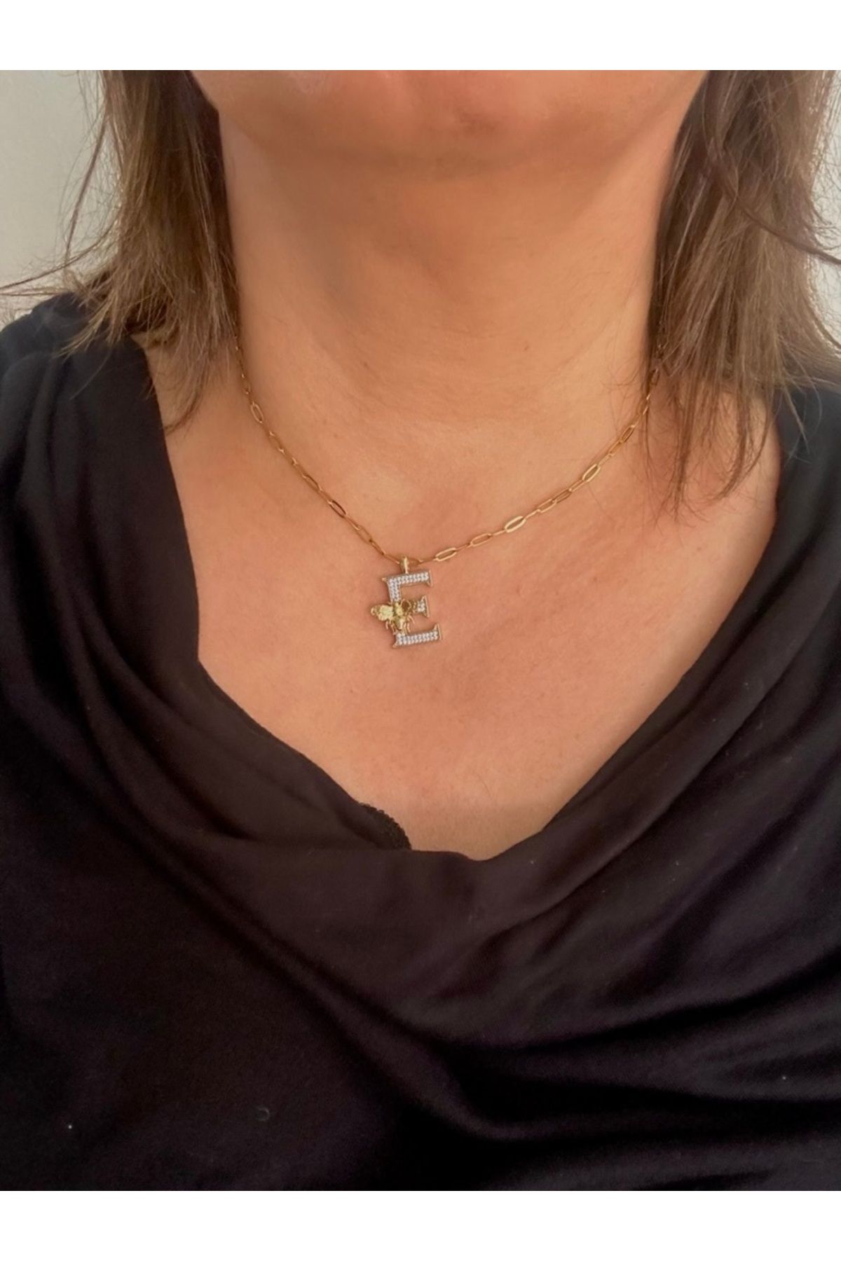 ALS Tasarım Dünyası Kadın Çelik Gold Renk İç İçe Geçirmeli Zincir Ucu E Harf Zirkon Taşlı Kenarı Arı Kolye 40+5 Cm