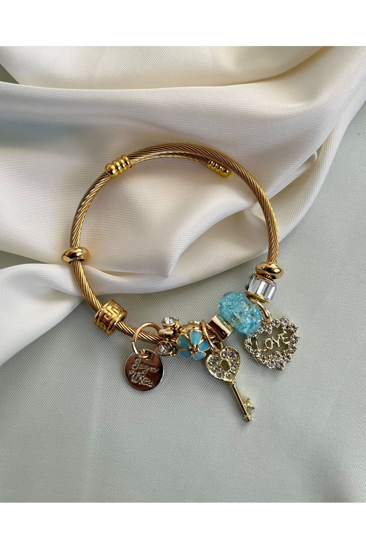 Orvix Accessories Gold Renk Mavi Charmlı Kadın Bileklik Vintage Bileklik Yazlık Bileklik Hediyelik Bileklik
