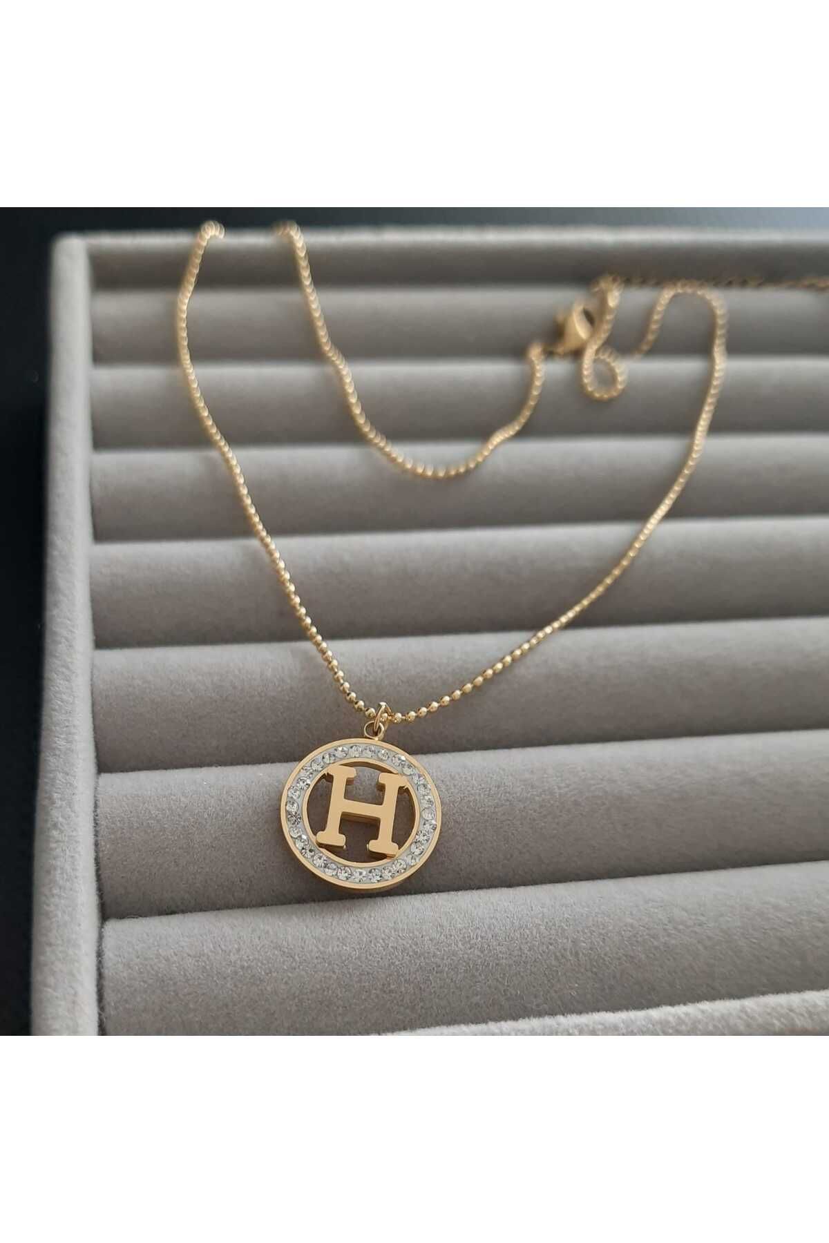 Betül Çekiç Paslanmaz Çelik Gold Renk Taşlı H Harfi Kadın Kolye