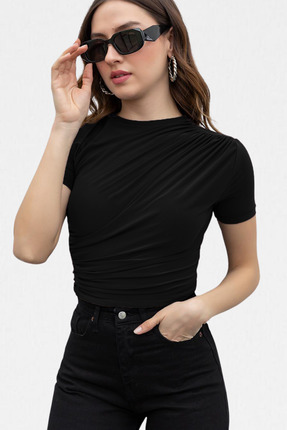 VODENS Kadın Siyah Bisiklet Yaka Büzgülü Sandy Kısa Kol Bluz