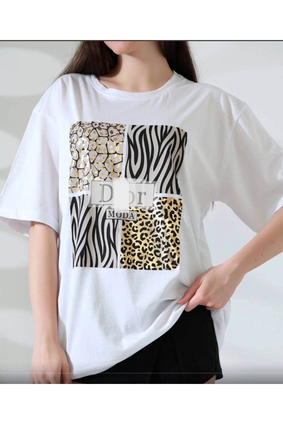 Butik Karma Desenli Oversize Tişört
