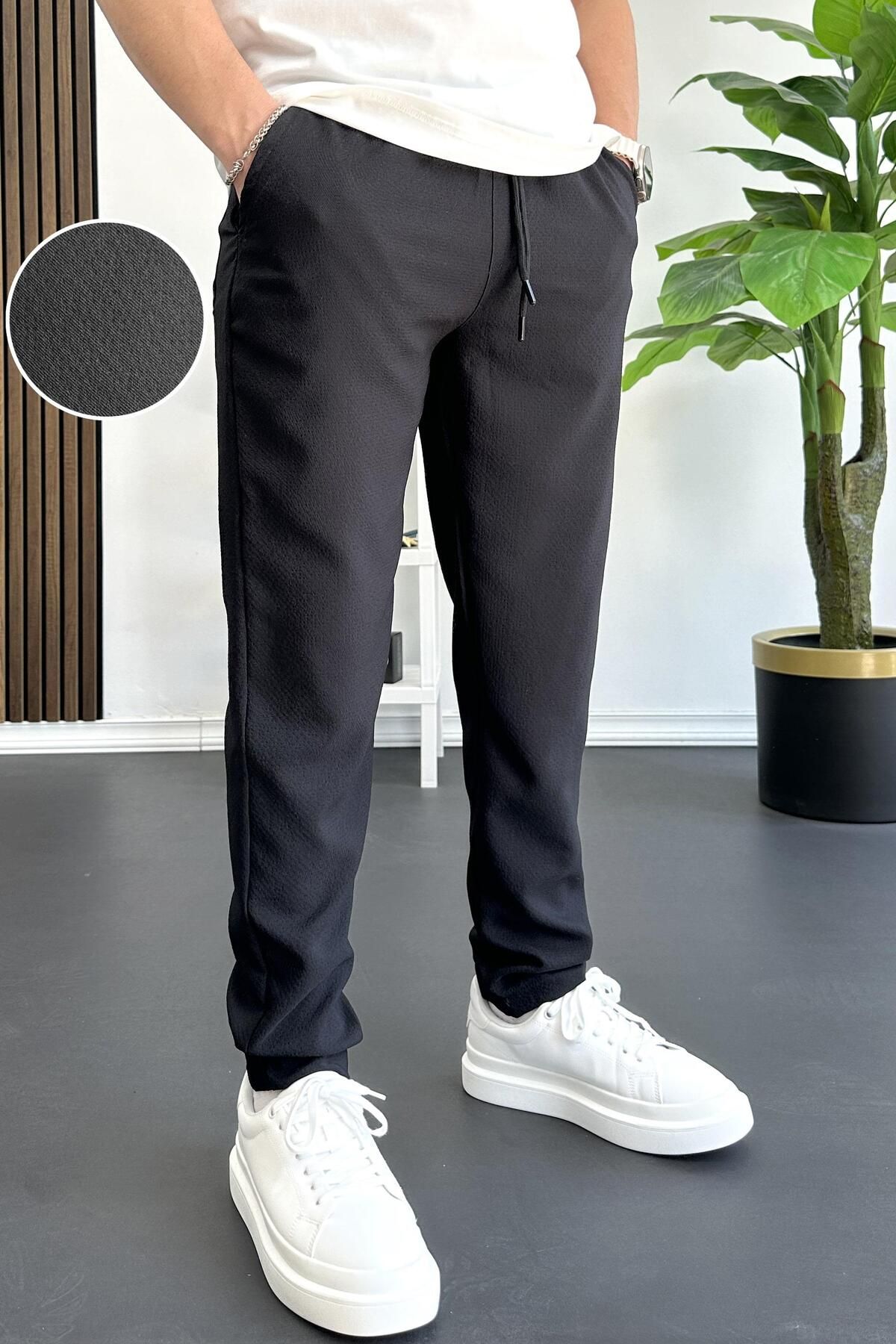 Edwox Erkek Beli Lastikli Gofre Kumaş Jogger Pantolon Siyah Edw358