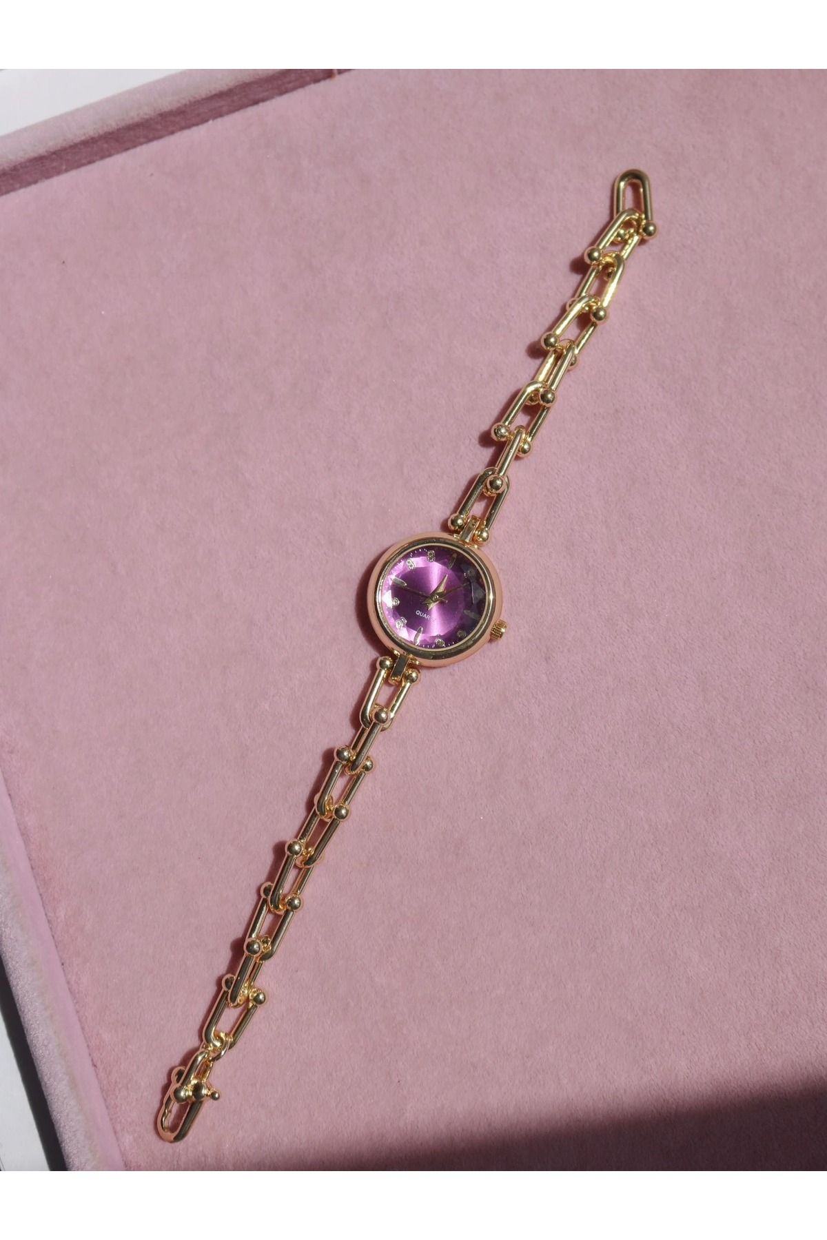 Reorah Collection Golden Chain Purple Saat-Mor Yuvarlak Zincirli Saat