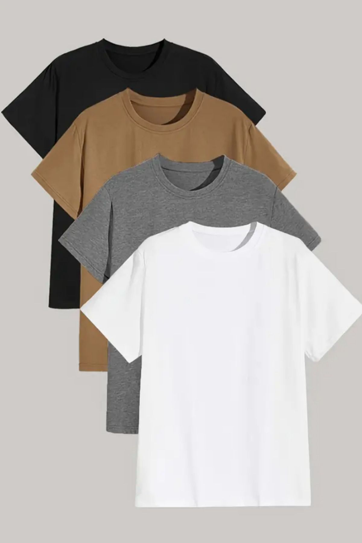 Tarz Cool Erkek Beyaz-Siyah-Füme-Kahverengi %100 Pamuk 4 Lü T-shirt Paketi