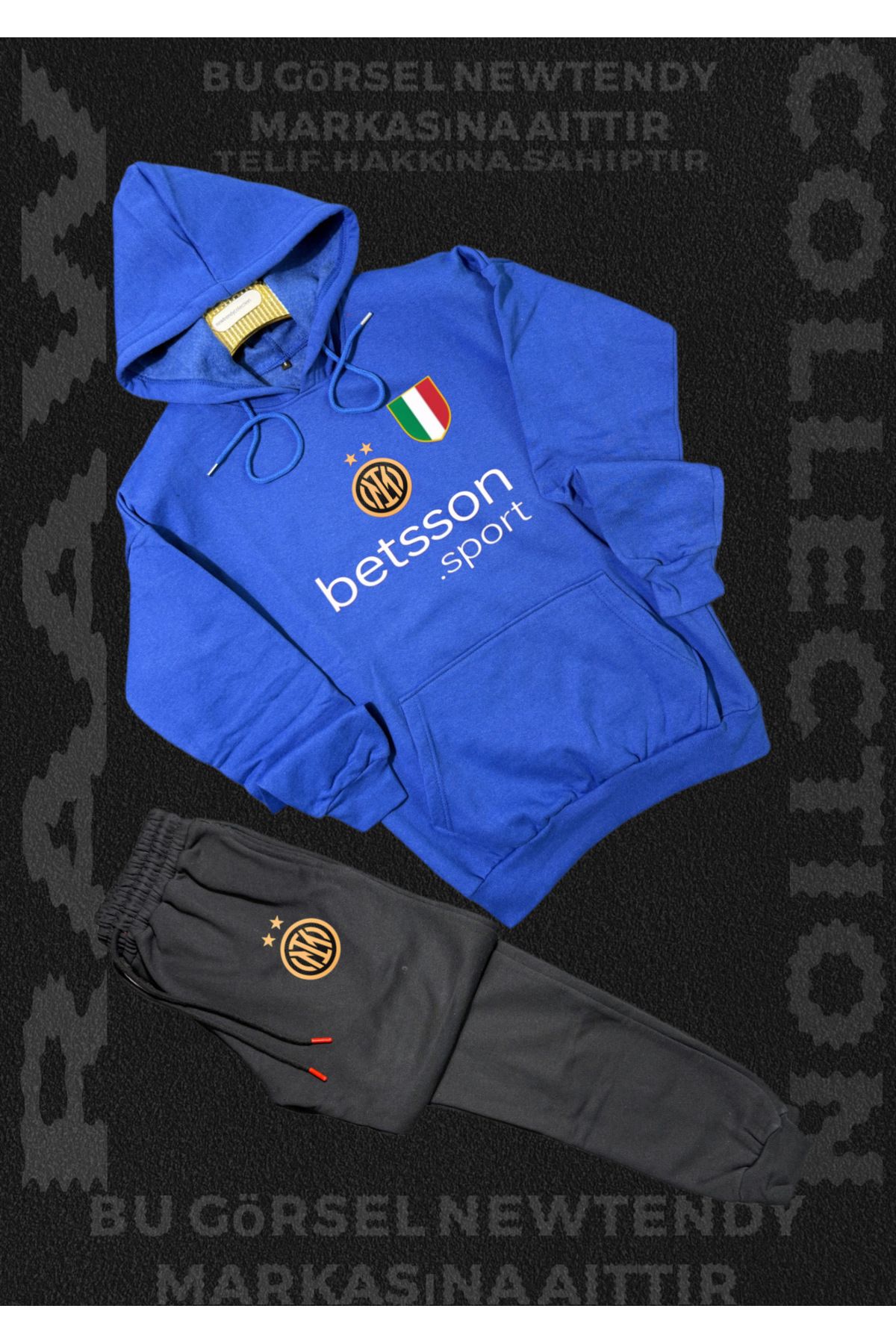 Minikelya Inter Logolu Kapüşonlu Sweatshirt ve eşofman alt Takımı Erkek Taraftar Spor Giyim Seti 2li kombin