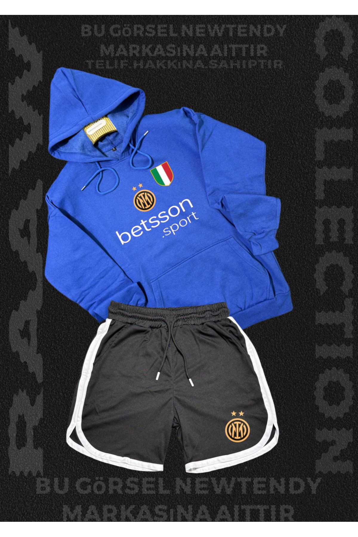 Minikelya Inter Milano Logolu Kapüşonlu Sweatshirt ve Şort Takımı Taraftar Spor Giyim Seti 2li kombin