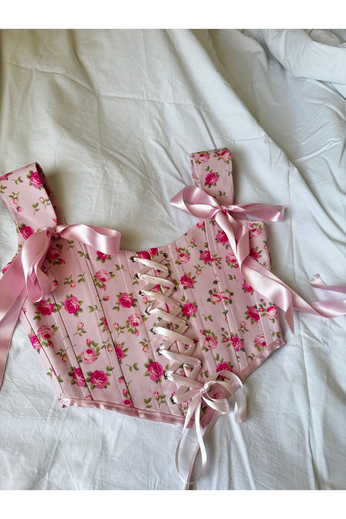 SARA Clothessy Pembe Çiçekli Vintage Korse Büstiyer