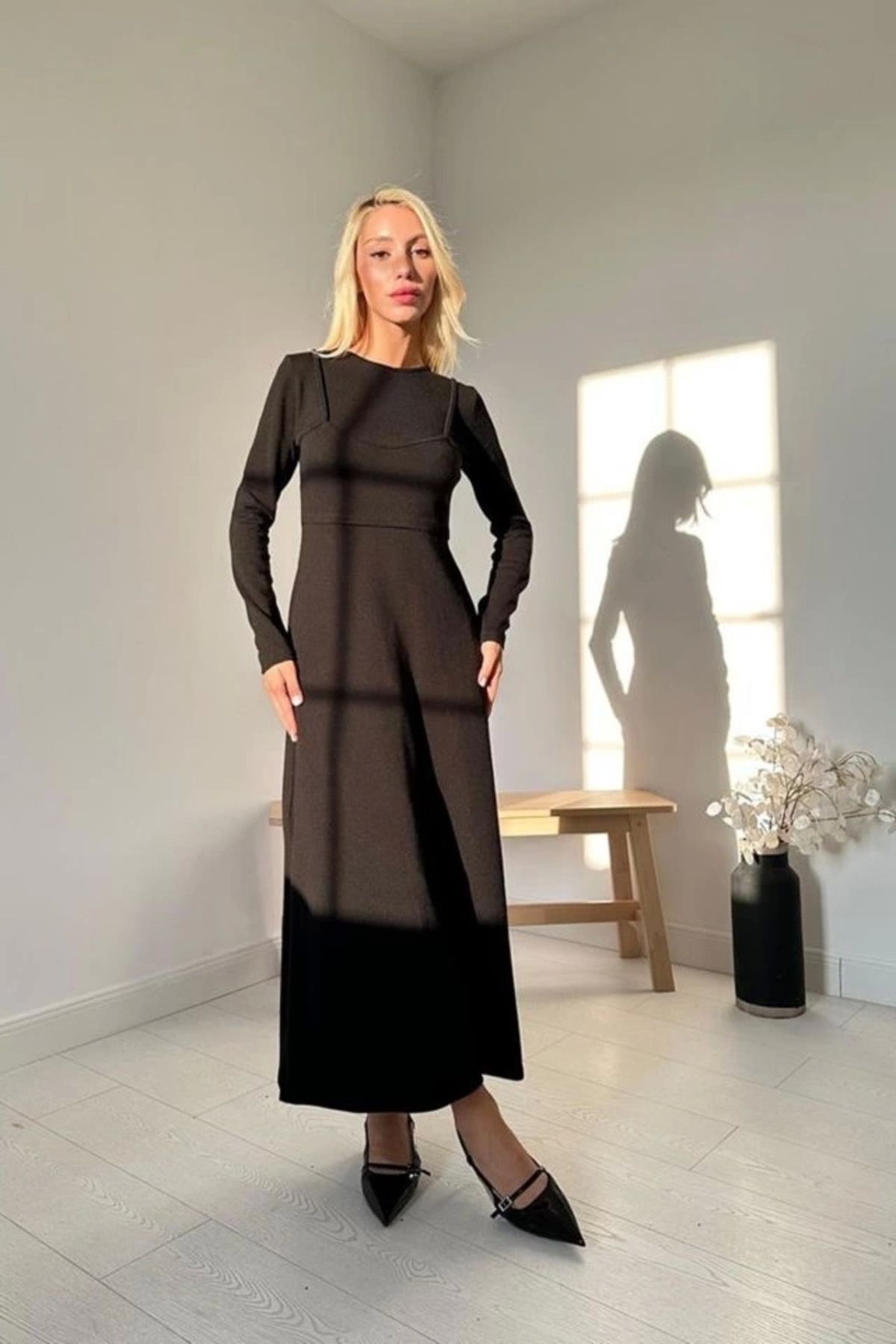 Butik Siyah Croplu Akrilik Elbise