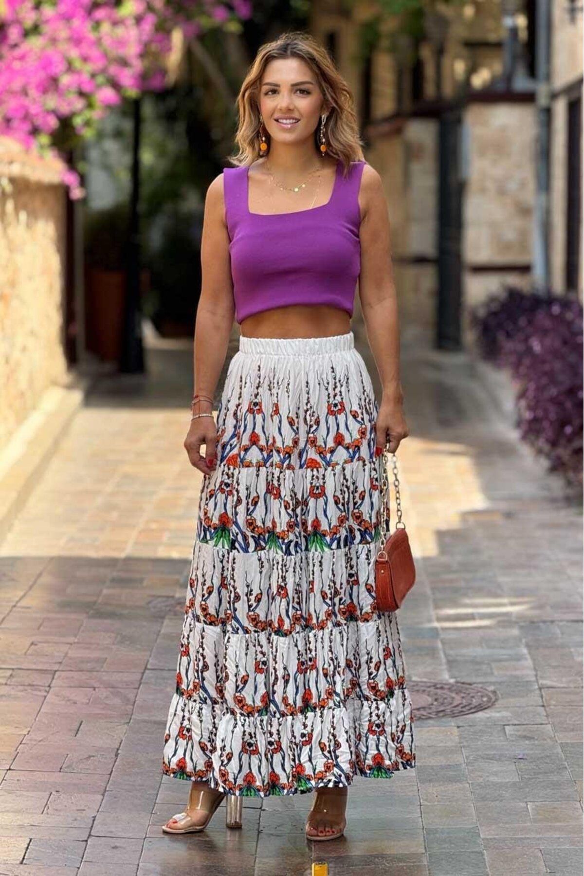 Nevin Kaya Moda Beyaz Bahar Dalı Desenli %100 Pamuk Viskon Etek