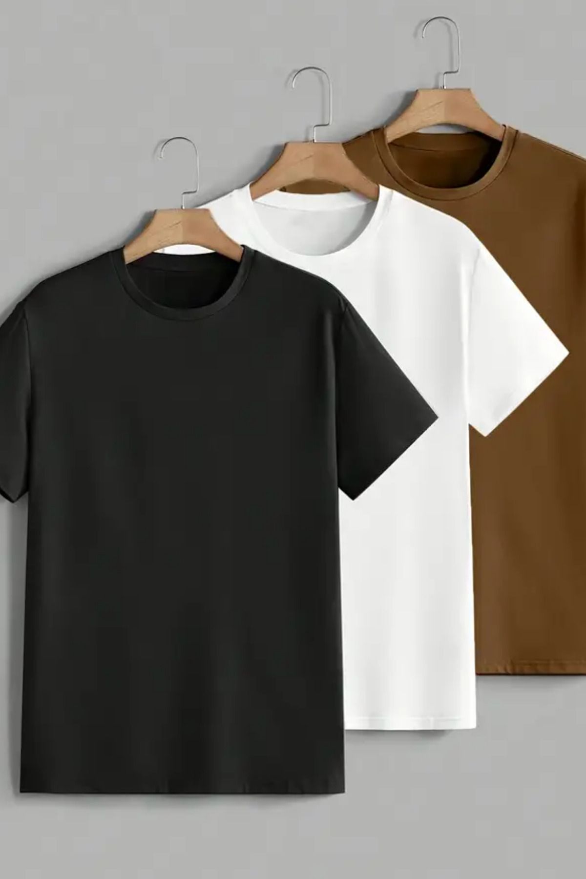 Tarz Cool Erkek Beyaz-Siyah-Kahverengi %100 Pamuk 3 Lü T-shirt Paketi