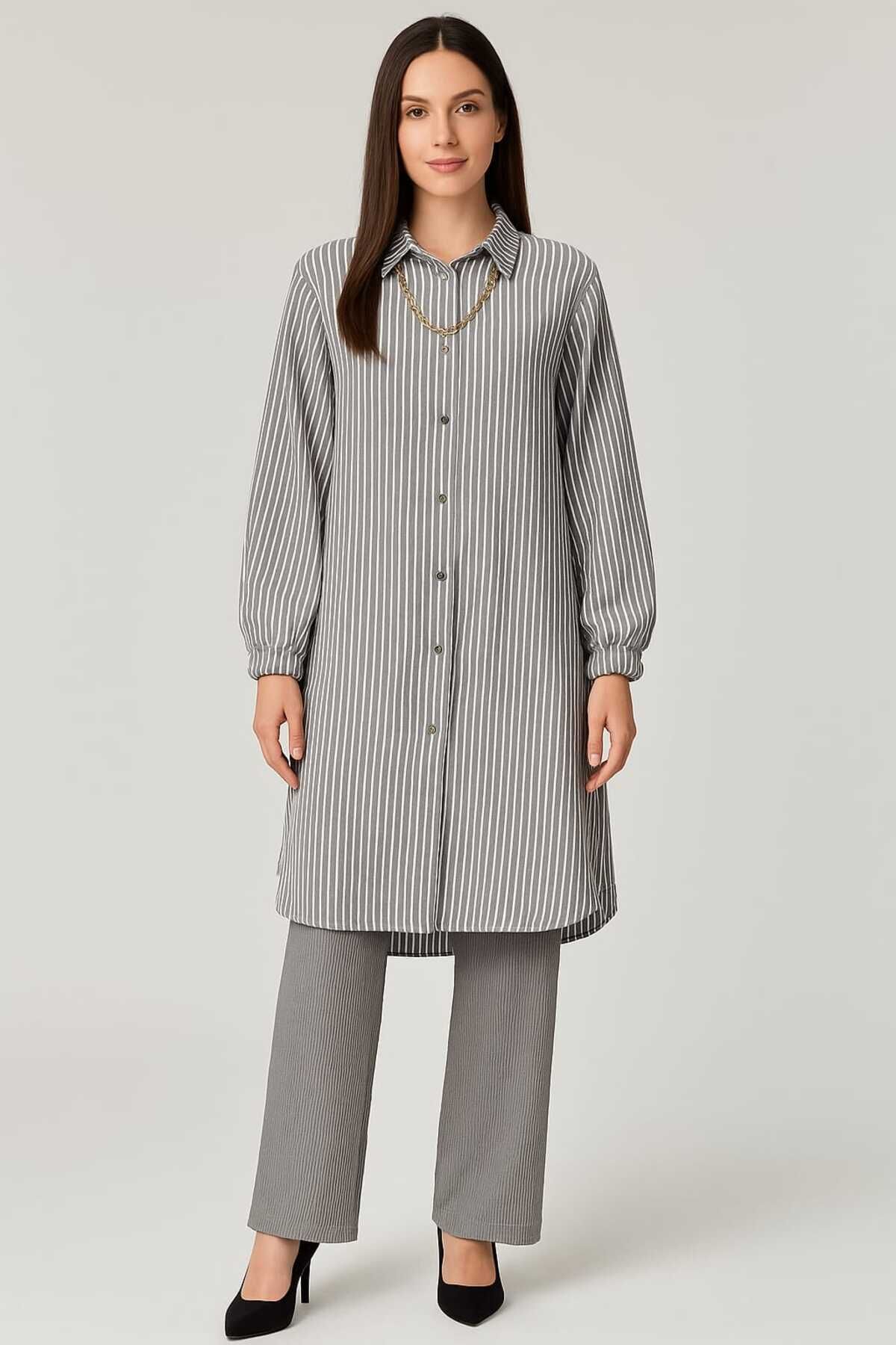 gigigiyim-Stripe Patterned Wrinkled Fabric Double Set Gray 1