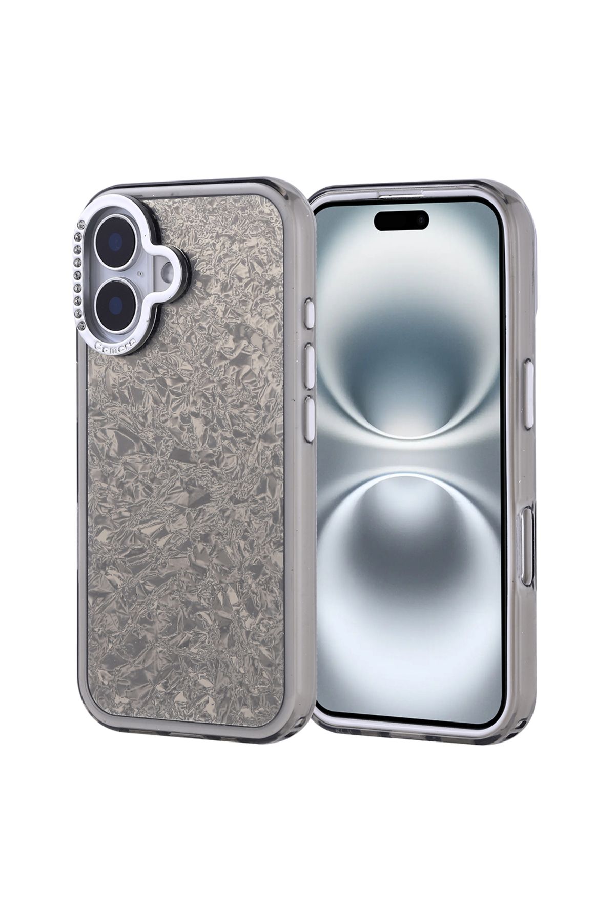 Strap U Apple iPhone 16 Kırık Cam Efektli Işıltılı Kılıf Kamera Koruması Taşlı Tasarım Kapi Kapak