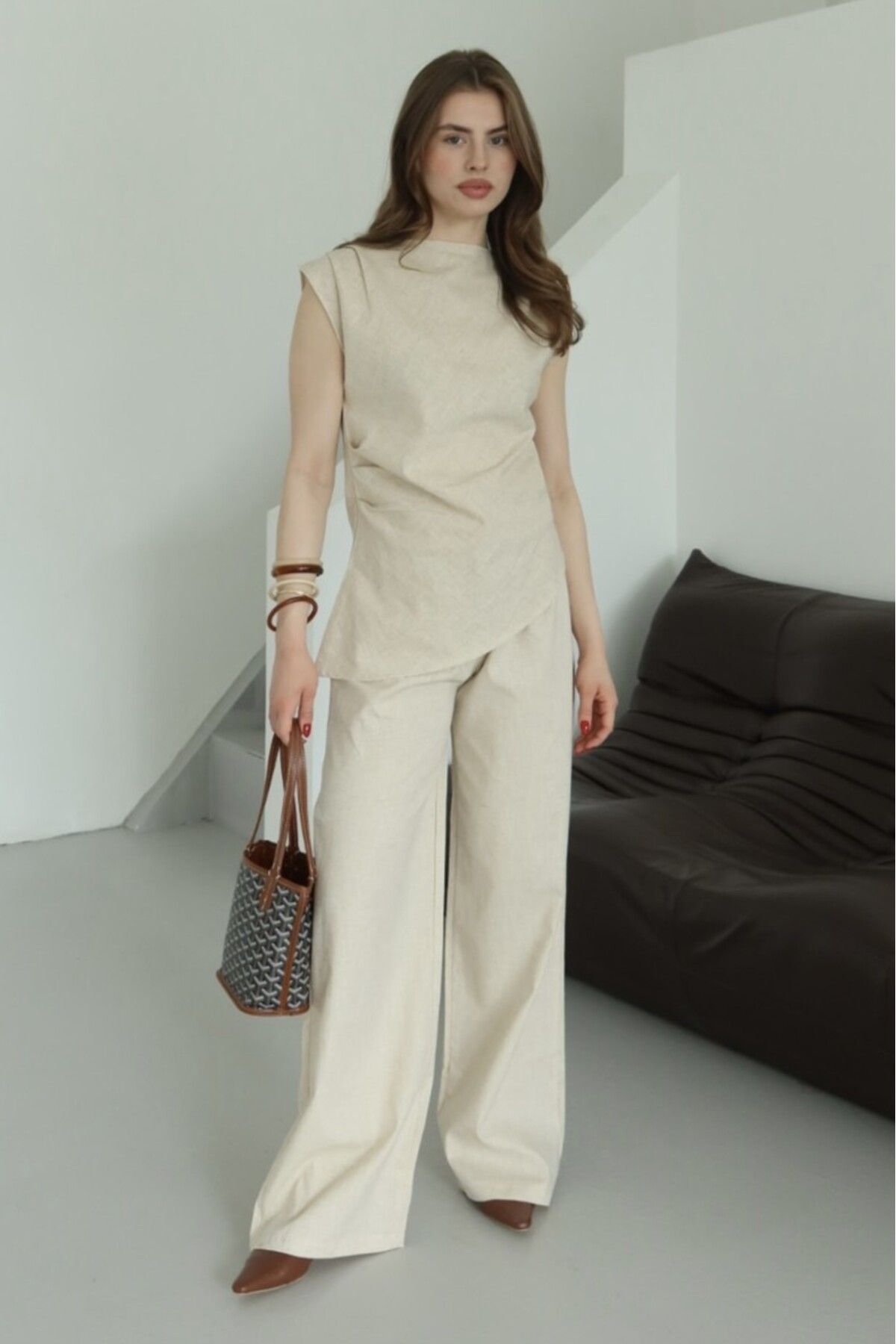 Laluvia Natural Asimetrik Bluz Pantolon Takım - 7227