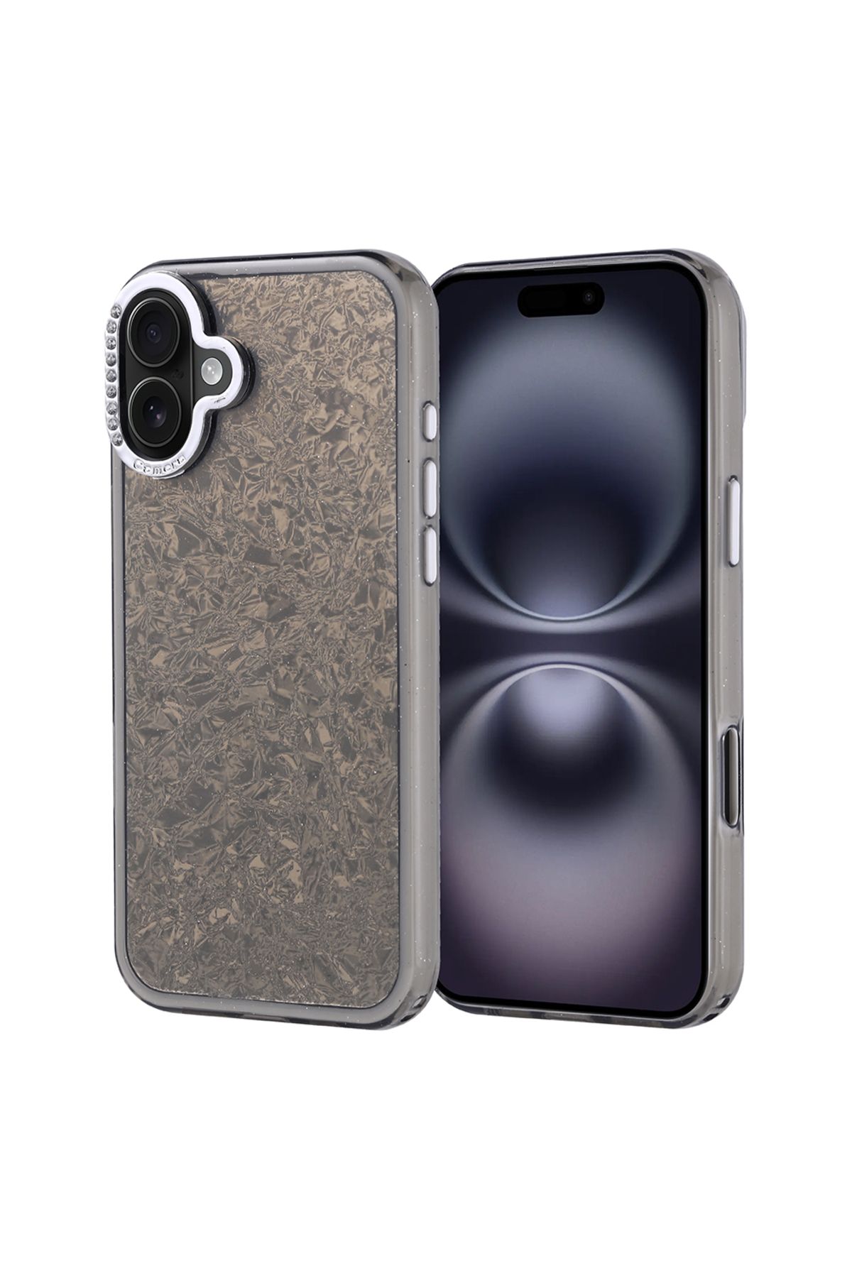 Strap U Apple iPhone 16 Plus Kırık Cam Efektli Işıltılı Kılıf Kamera Koruması Taşlı Tasarım Kapi Kapak