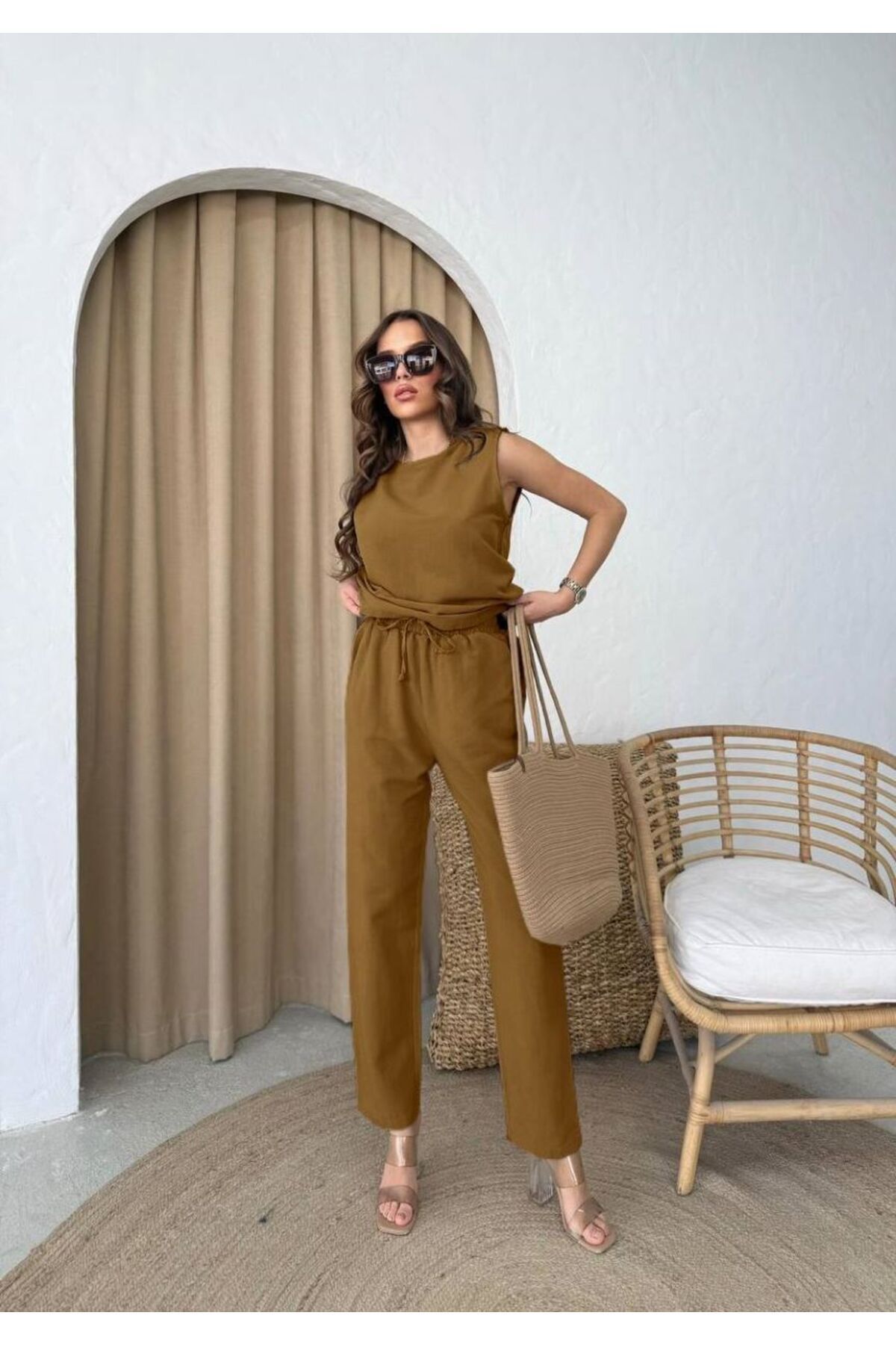 jennyfer garment İTHAL KETEN KUMAŞ BLUZ CEP DETAYLI PANTOLON