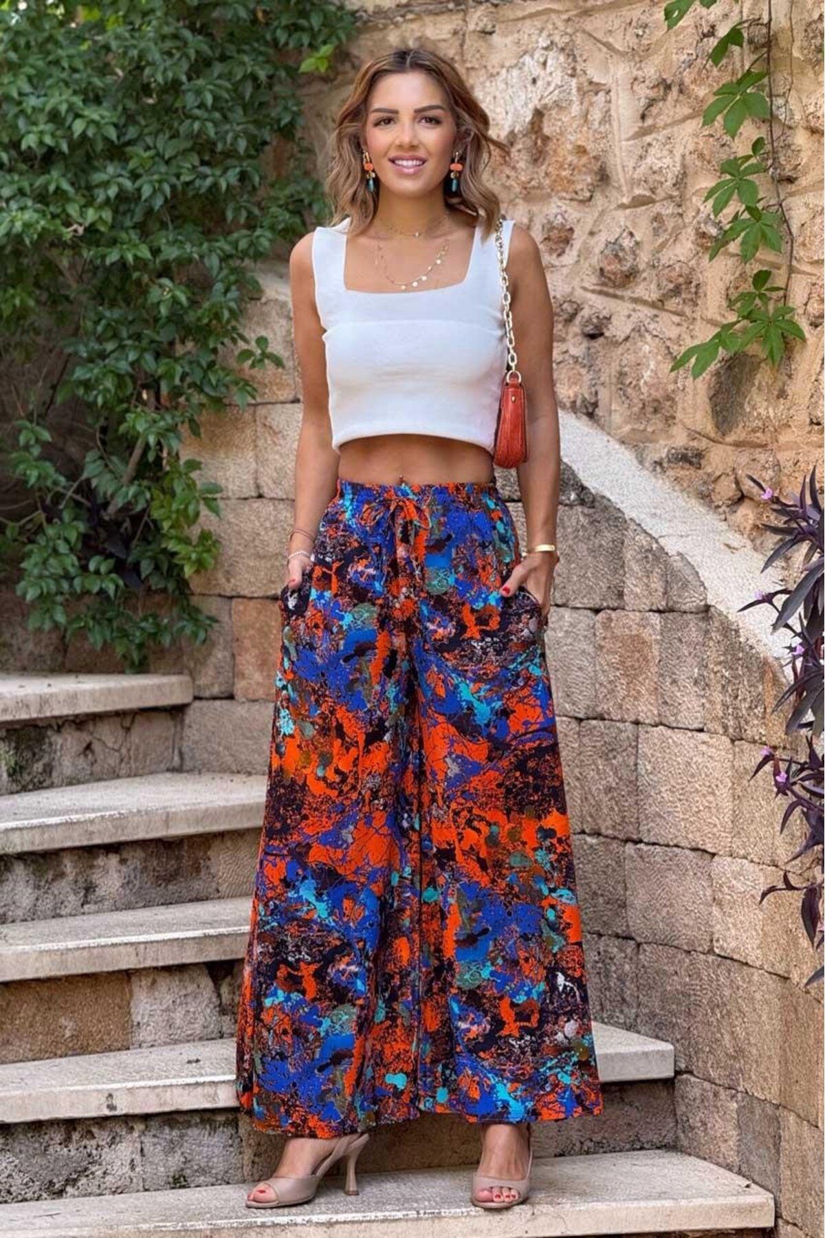 Nevin Kaya Moda İTALYAN Siyah Boya Desenli %100 Pamuk Viskon Pantolon