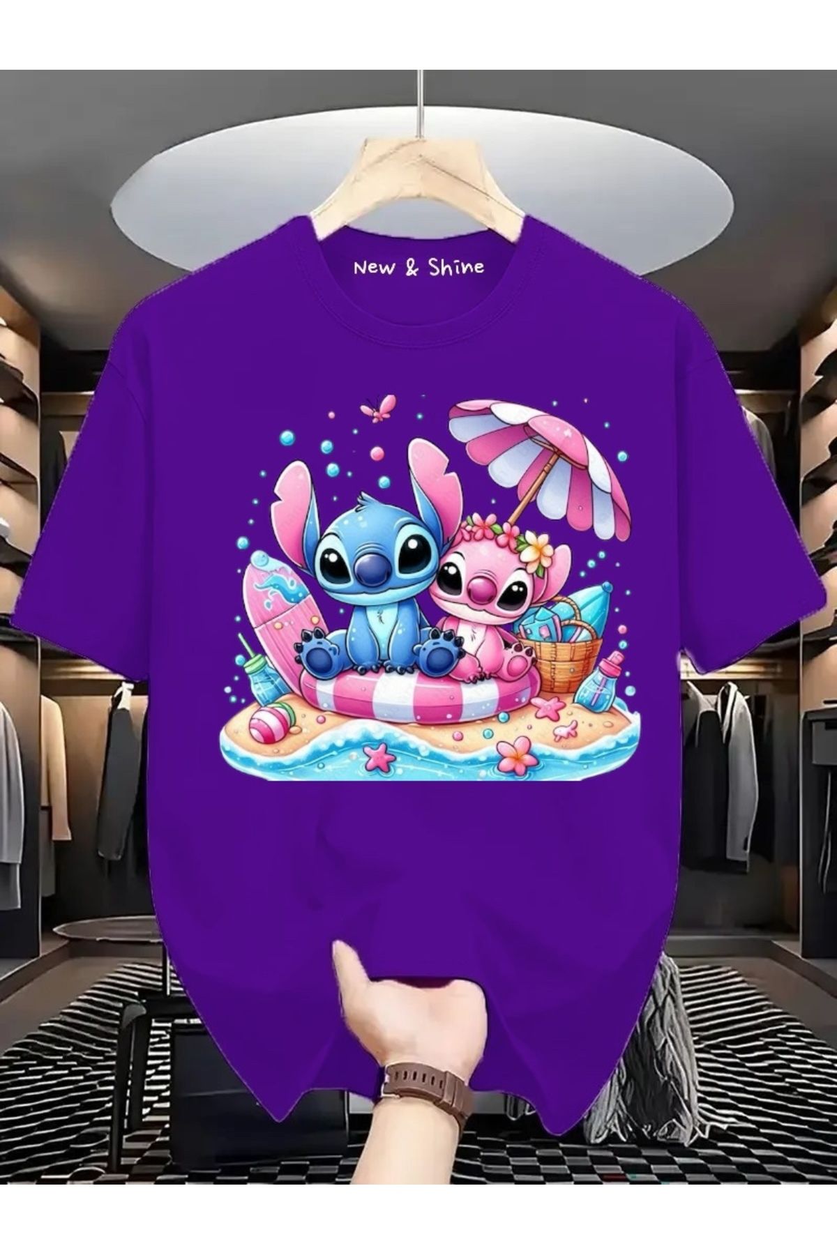 New Shine Stitch ve Angel Baskılı Büyük Beden Oversize T-Shirt