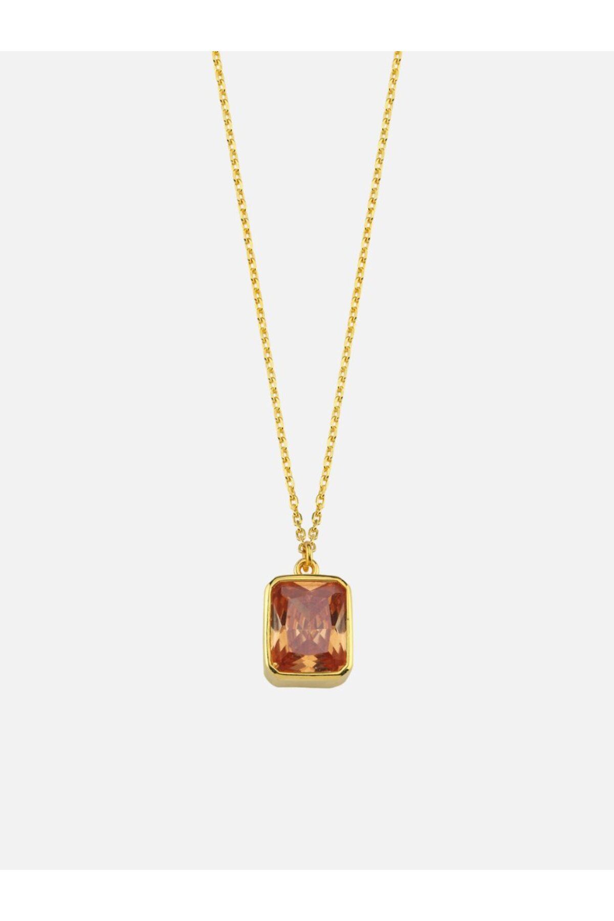 LİNYA JEWELLERY Dikdörtgen Şampanya Kristal Taşlı Zincir Kolye