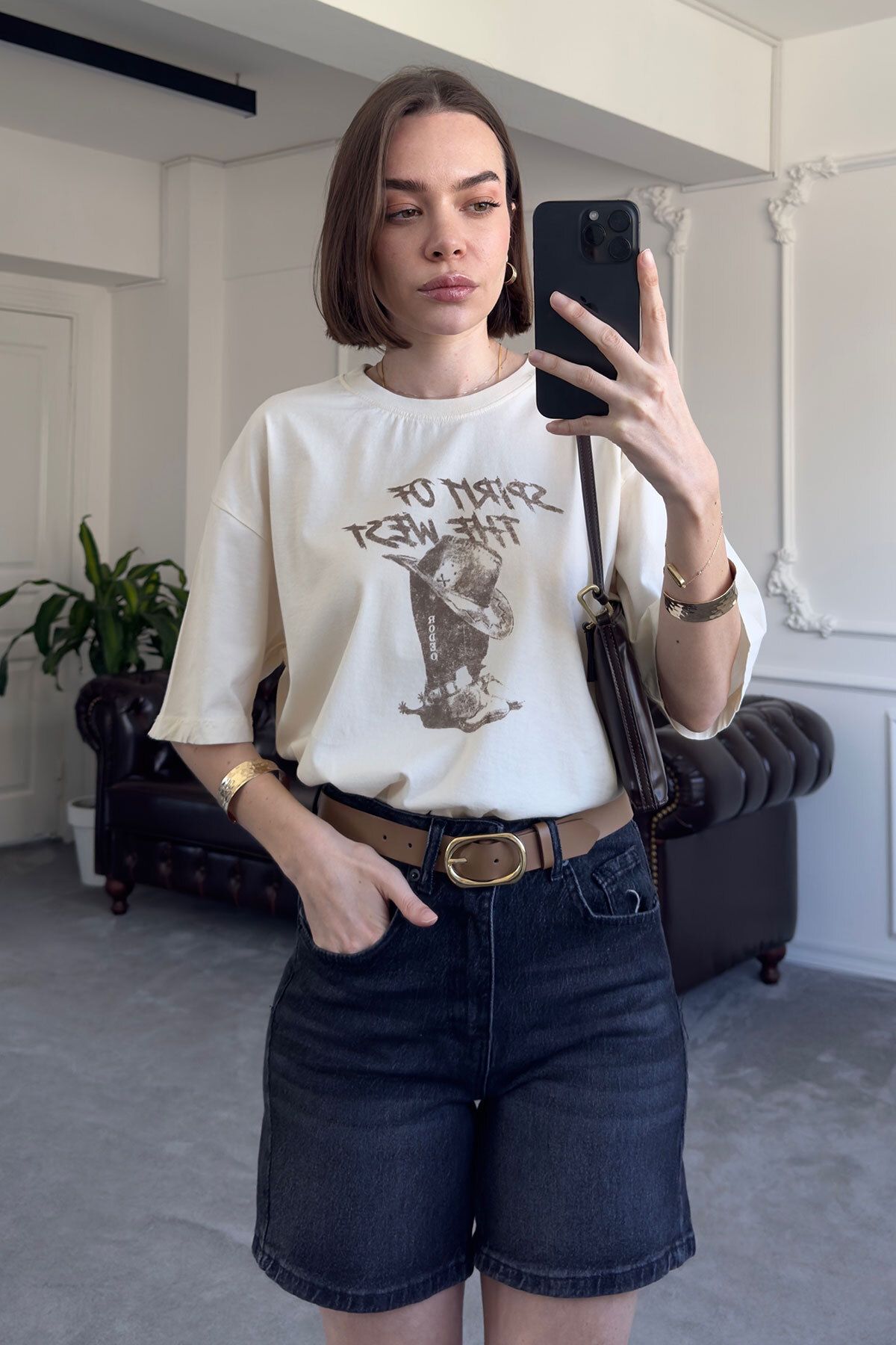 MAGARDE Kovboy Baskılı Premium Tshirt- BEJ
