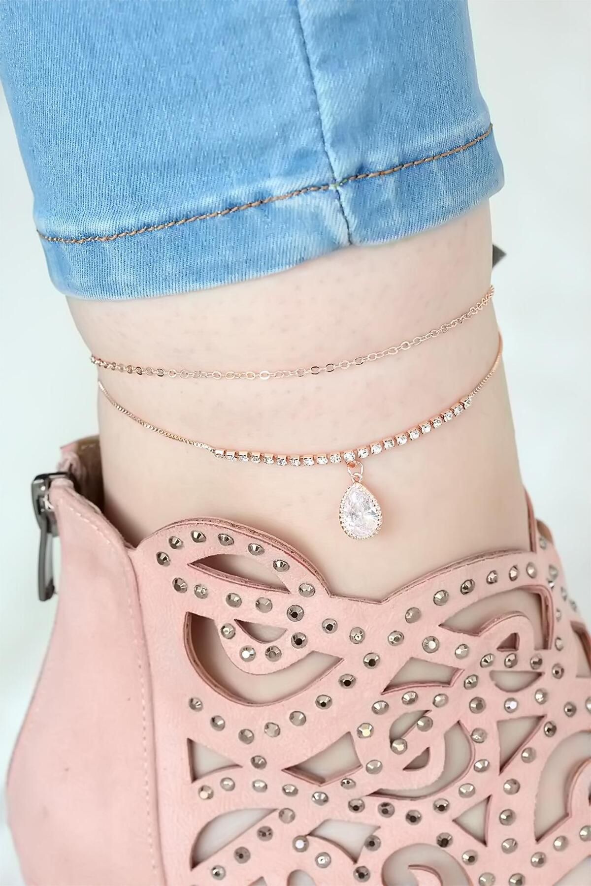 Moco Rose Renk Çift Zincirli Damla Taşlı Hal Hal