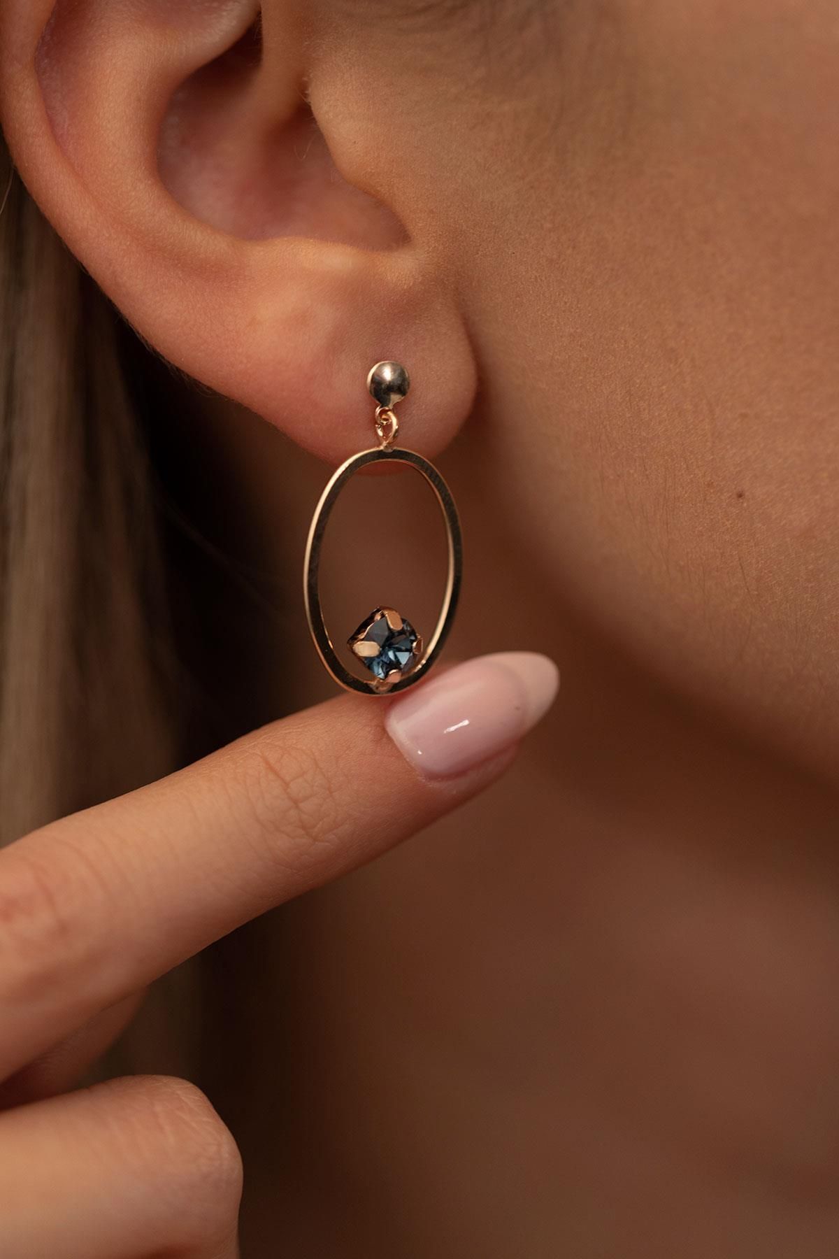 Ninova Silver Oval Model Rose Kaplama Gümüş Crystal Küpe